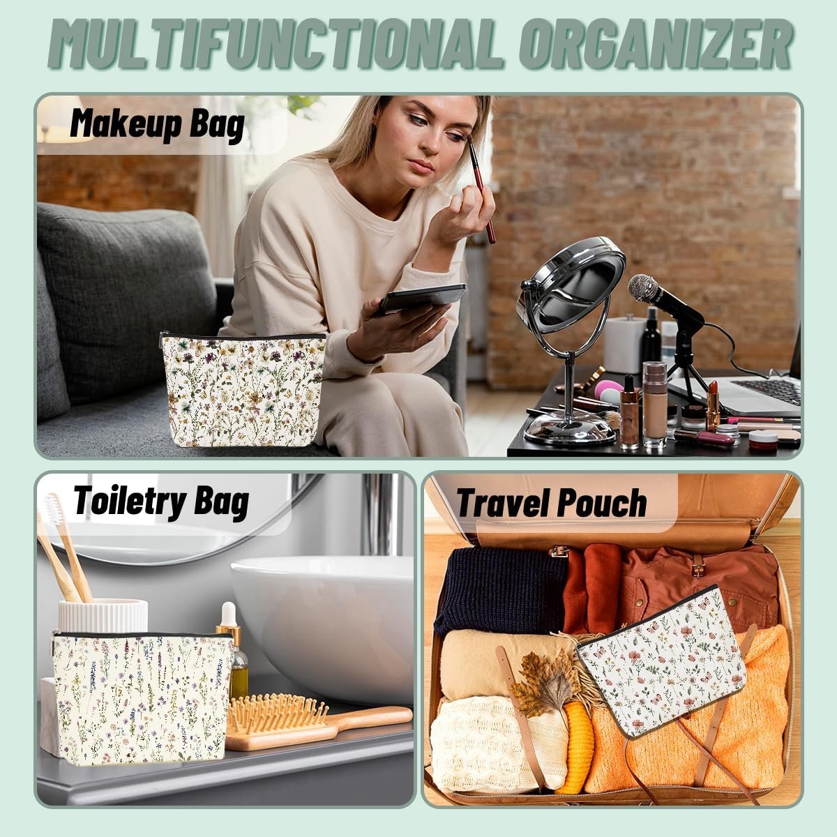 Private Label 4PCS Floral Makeup Bags for Women Cute Flower Aesthetic Travel Toiletry Bag Custom Logo Coquette Cosmetic Portable Zipper Pouch Manufacturer