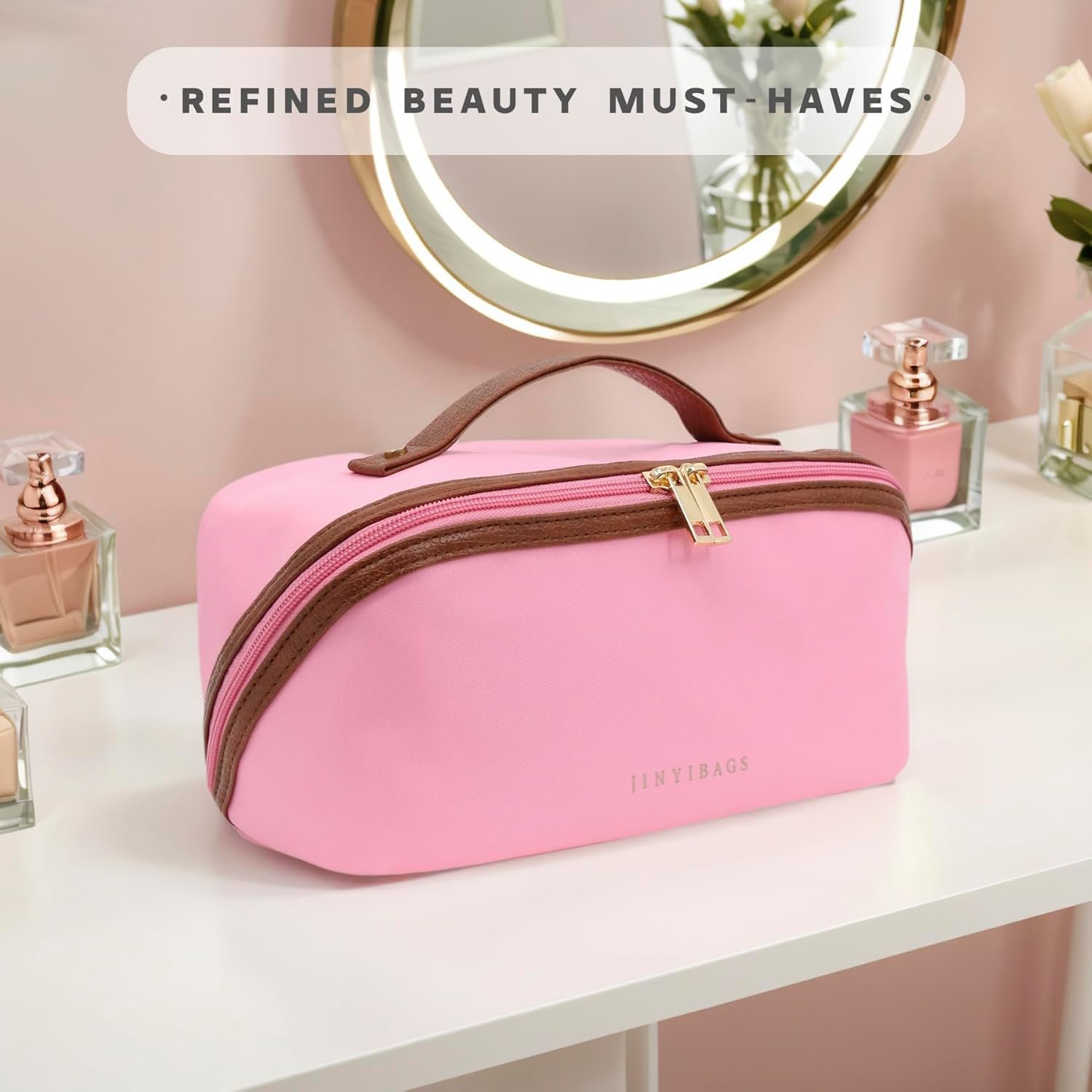 Private Label Large Travel Makeup Bag Cosmetic Organizer with Custom Logo Waterproof Nylon Smooth Double Zipper and Tear-Resistant Lining Toiletry Pouch for Women Pink Factory