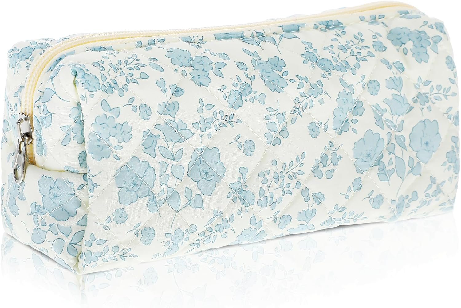 Private Label Aesthetic Blue Flowers Pencil Case, Soft Quilted Wide Opening Pen Pouch Organizer with Custom Logo Zipper for Office College Makeup Storage, Portable Manufacturer