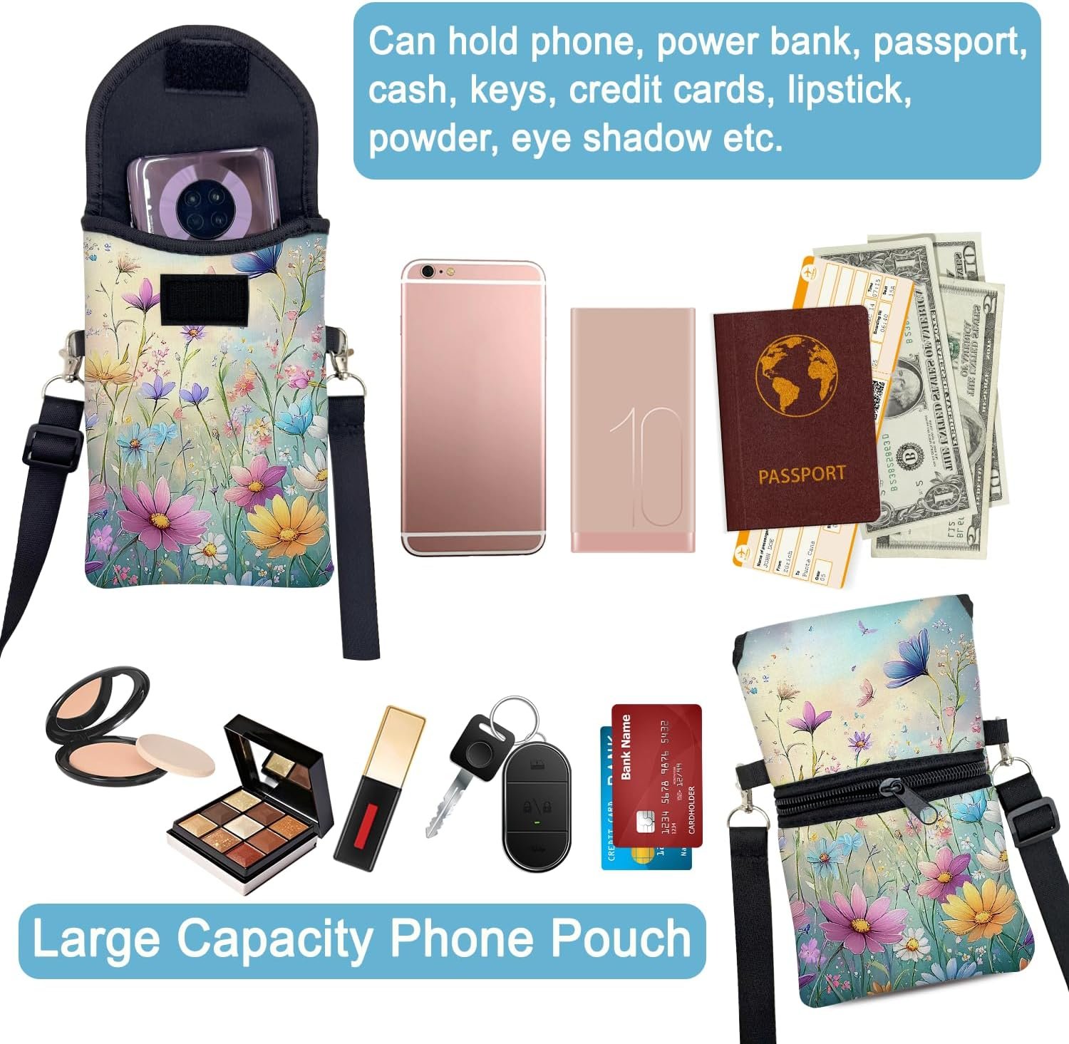 Private Label Neoprene Cell Phone Sleeve Pouch Case Bag with Custom Logo Crossbody Strap Neck Lanyard for Women 7.5 X 4.3 in Colorful Flowers Manufacturer