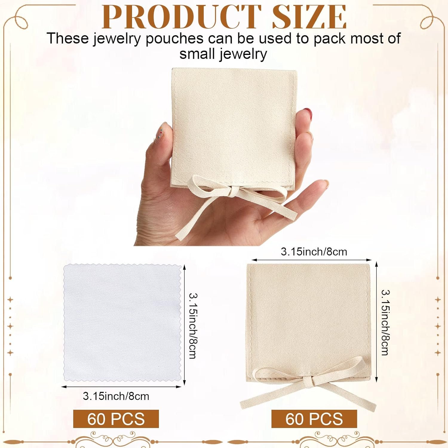 Private Label 30 Pcs 8 x 8 cm Microfiber Jewelry Pouches Custom Logo Luxury Packaging with Cleaning Cloth for Bracelets Bow Ties Envelope Style String Divider Supplier Khaki White