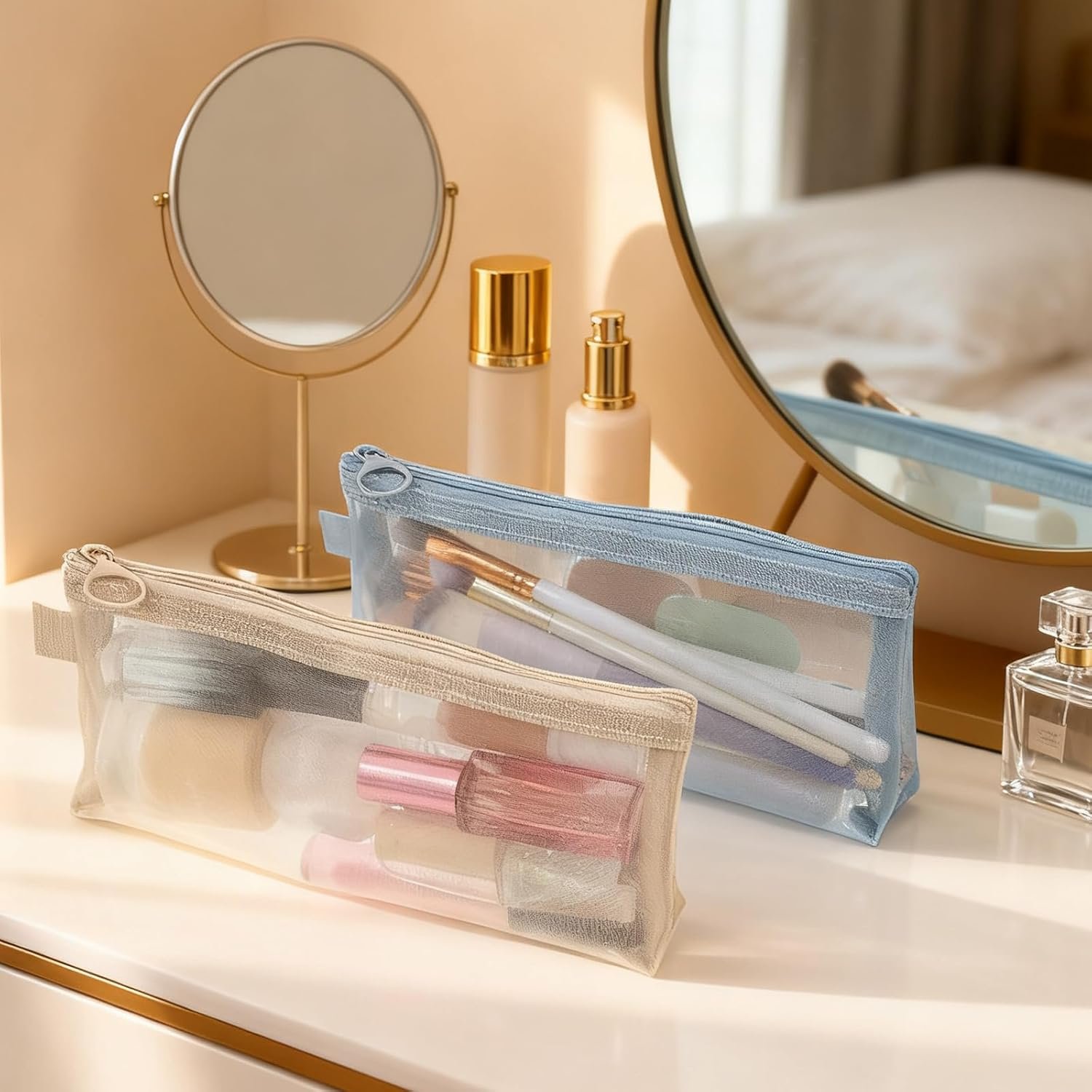 Private Label 4 Pcs Small Nylon Mesh Zipper Makeup Brush Bags Factory Direct Portable Clear Mesh Cosmetic Pouches Custom Logo for Home Office Travel Organizer