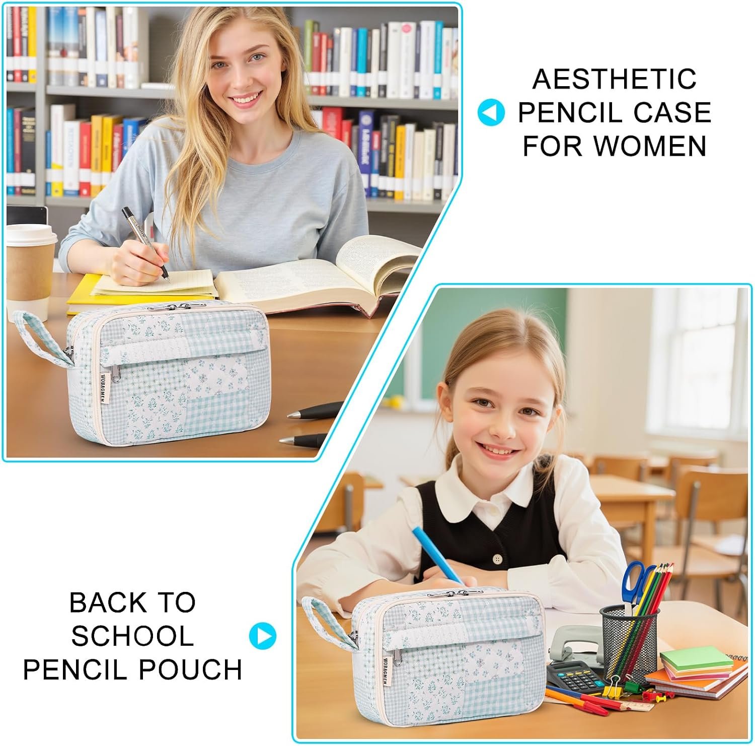 Private Label Large Quilted Pencil Pouch for Girls Women with Custom Logo Compartments Cute Aesthetic Floral Pencil Case Organizer Manufacturer for School Supplies (Green Blue Pin)