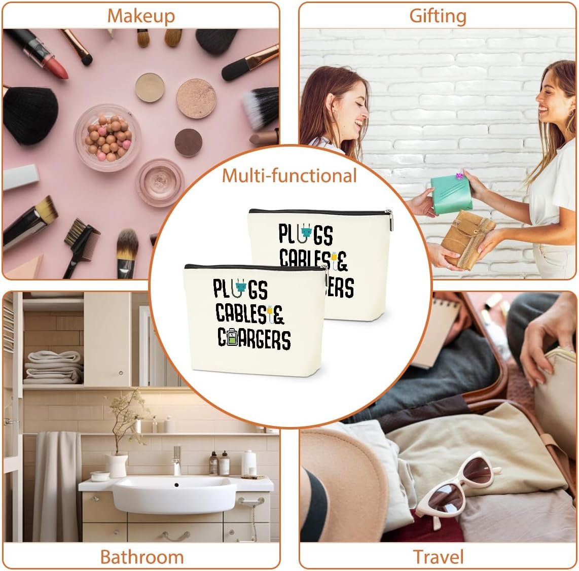 Custom Logo 2 PCs Cable Organizer Funny Makeup Charger Cosmetic Bag Private Label Travel Storage for Charging Cords Electronics Accessories Plugs Zipper Pouch Factory Gifts for Women Christmas Birthday