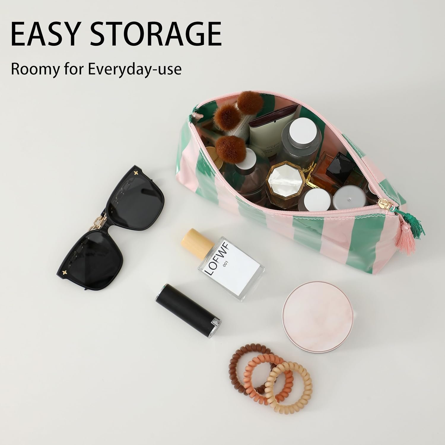 Private Label Small Clear Coated Waterproof Makeup Cosmetic Bags with Custom Logo for Women Girls Travel Purse Organizer Zipper Pouch Beach Vacation Essentials, Manufacturer Pink-Green