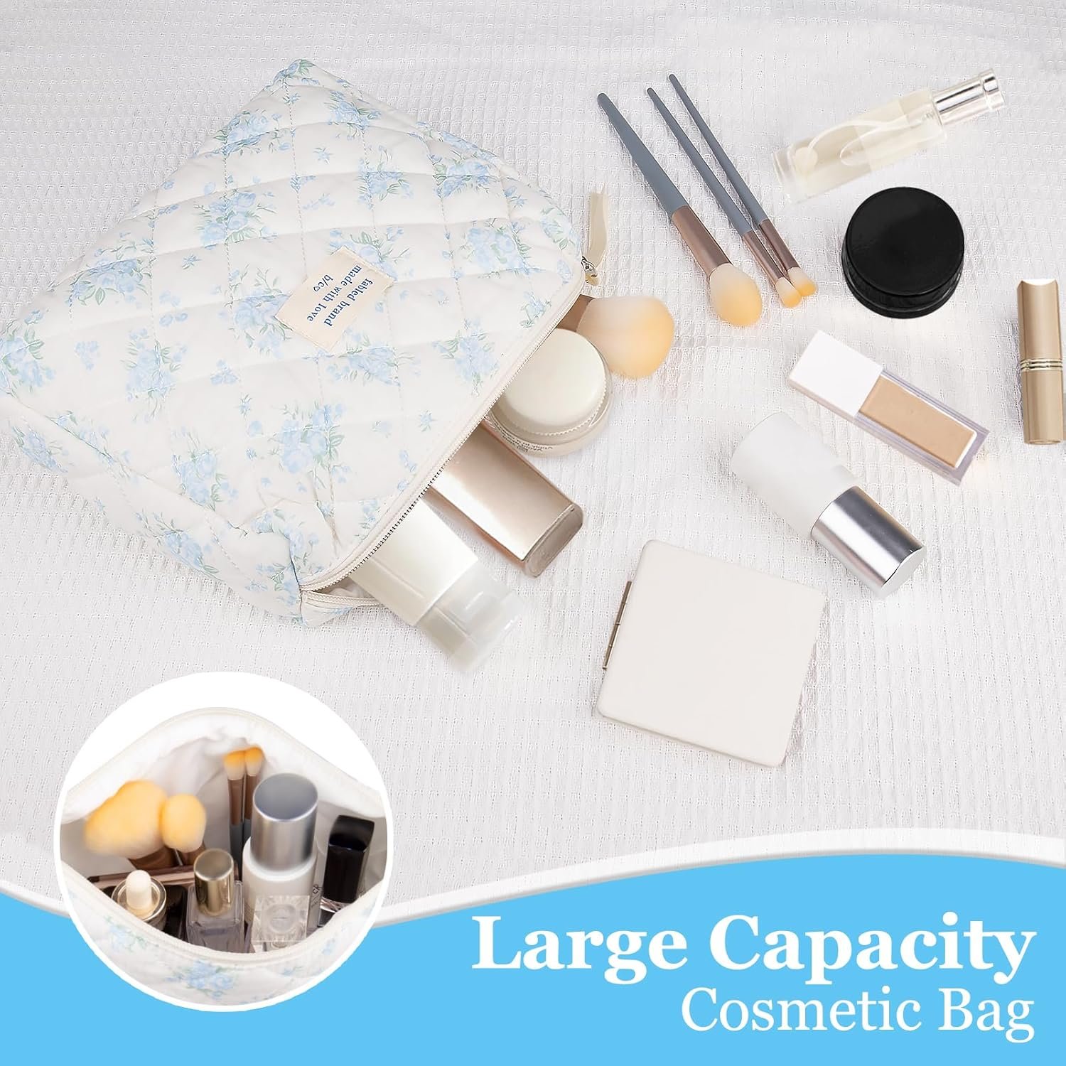 Private Label Large Floral Makeup Bag, Custom Logo Quilted Cotton Cosmetic Pouch for Women Girls, Flower Travel Toiletry Organizer Manufacturer Blue Rose