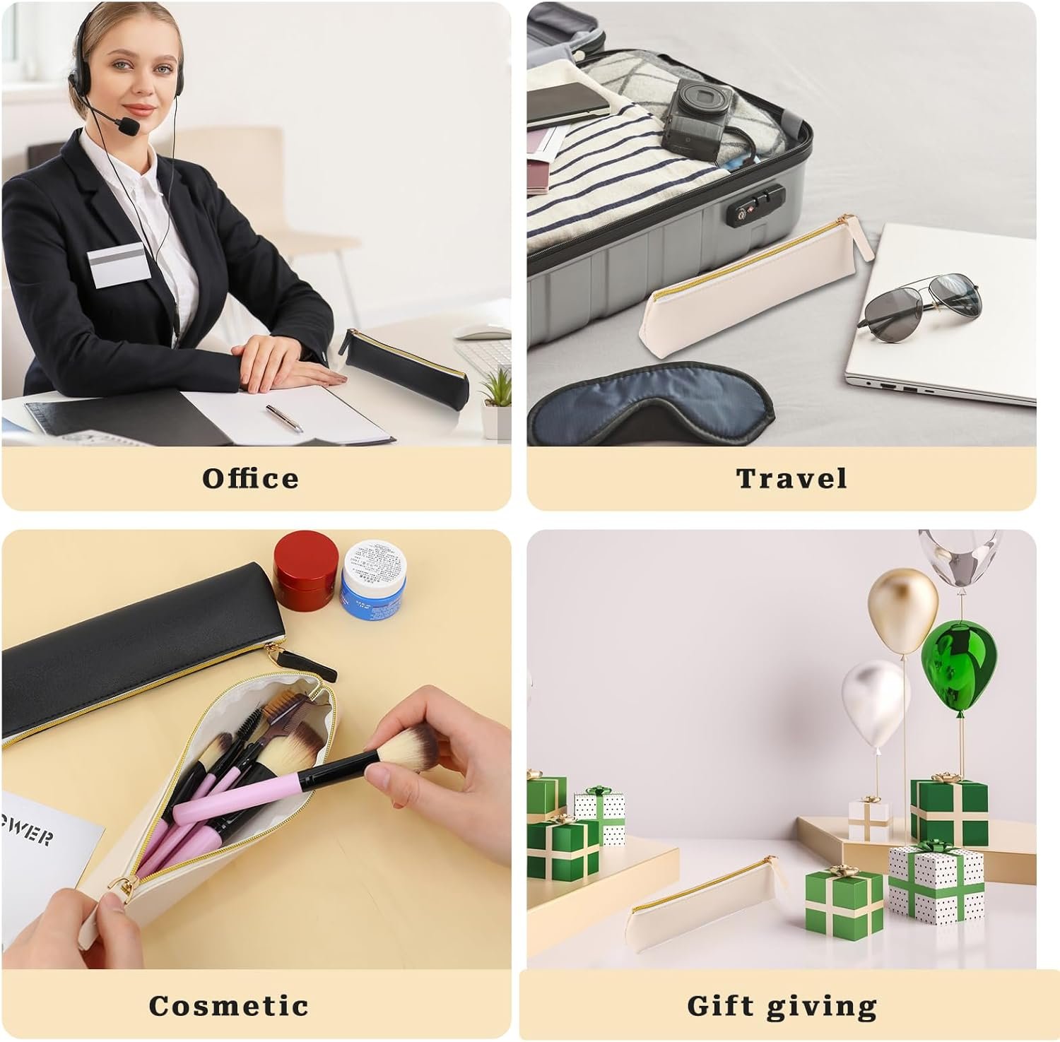 Private Label 2 Pcs Leather Pencil Pouch Slim Design Small Zipper Pencil Case Custom Logo for Pens Pencils Markers Black&Beige Manufacturer