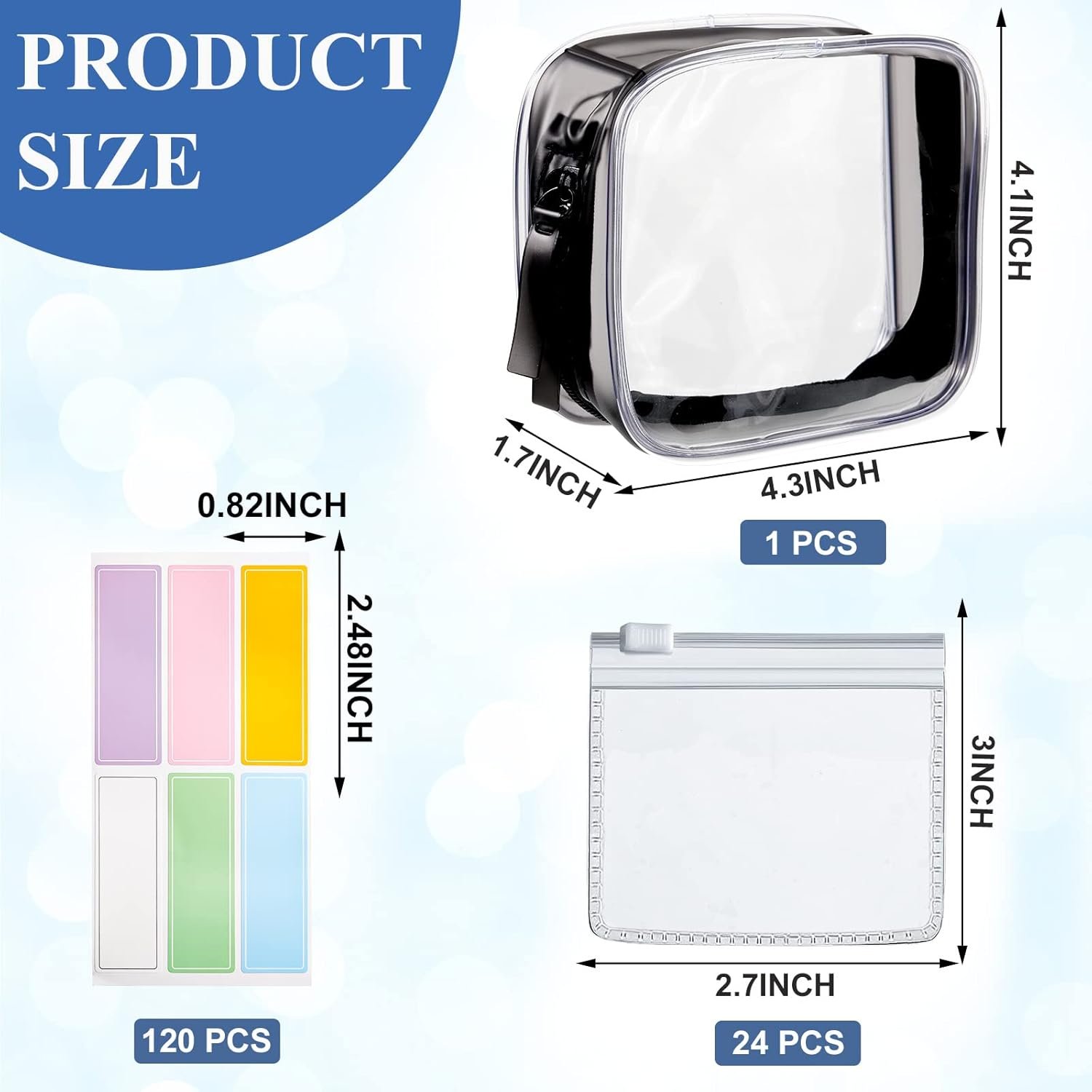 Custom Logo 26 Pcs Reusable Clear Zippered Pill Pouches Transparent PVC Toiletry Carry Pouch 180 Pcs Waterproof Labels Stickers Supplier Private Label Travel Organizer Storage with Slide Lock for Small Items