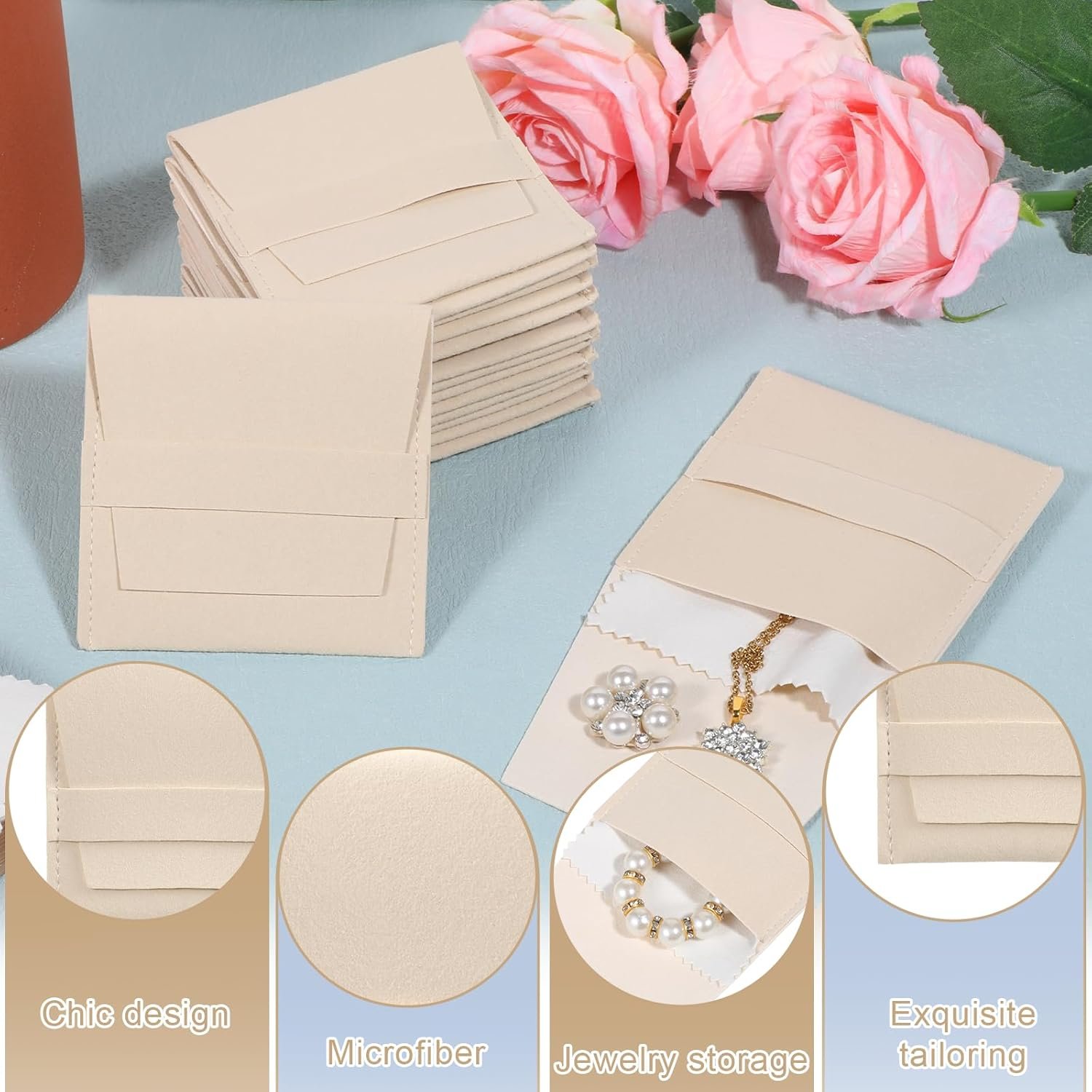 Custom Logo 100 Pcs 8x8cm Microfiber Jewelry Pouches Private Label Luxury Envelope Style Gift Bags with Cleaning Cloth Fixed Strap Divider for Bracelets Necklaces Beige Manufacturer