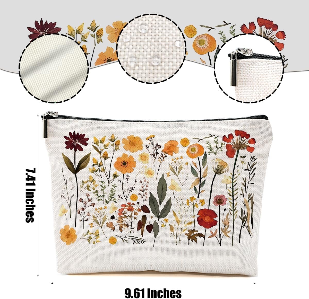 Private Label Vintage Wildflower Makeup Bag, Custom Logo Floral Cosmetic Pouch for Plant Lovers, Factory Zipper Skincare Bag Gifts for Women Girls Aunt Friends Bestie Christmas Thanksgiving Birthday