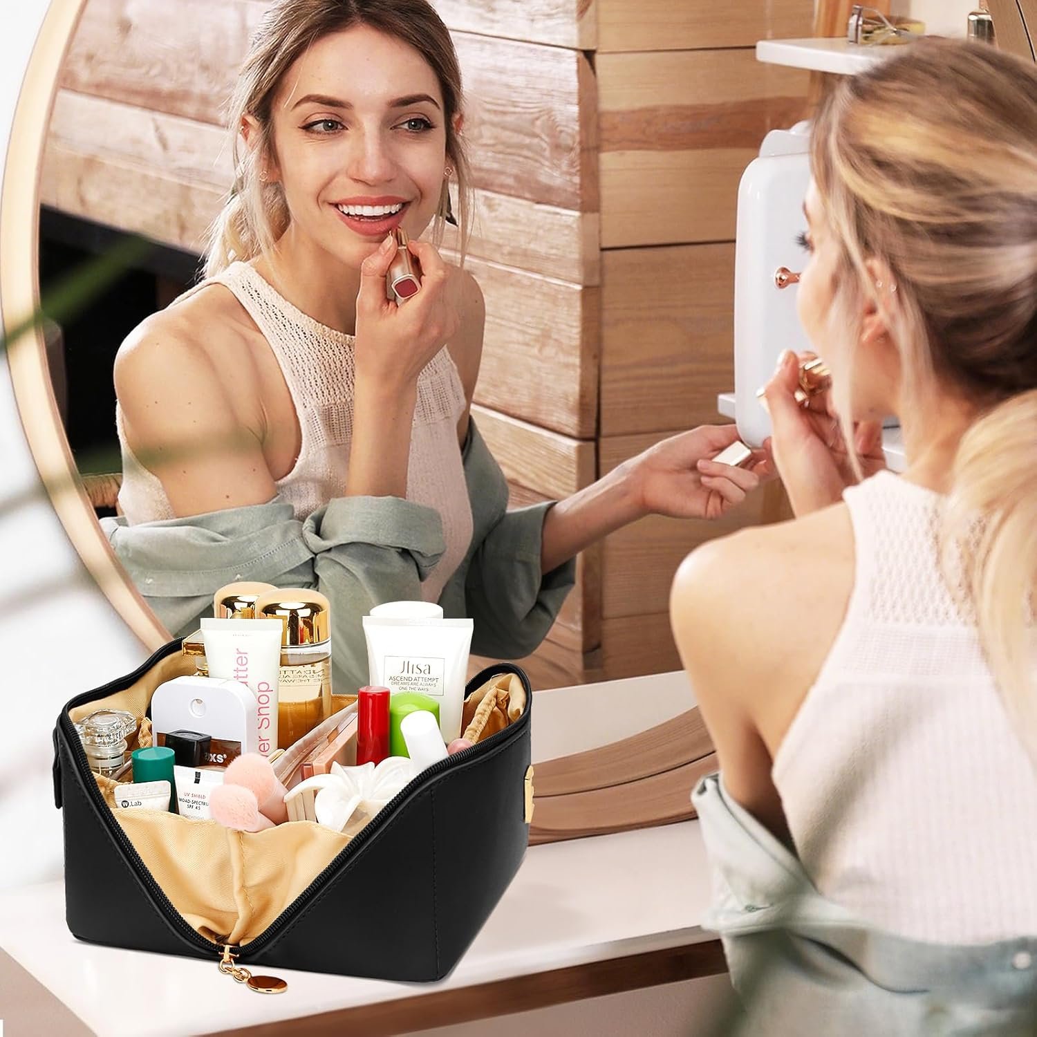 Private Label Birthday Gifts for Women Teen Girls, Custom Logo Personalized Initial Makeup Organizer Bag Set, Open Flat Travel Cosmetic Bag With Clear Divider and Handle Manufacturer (Black,A)