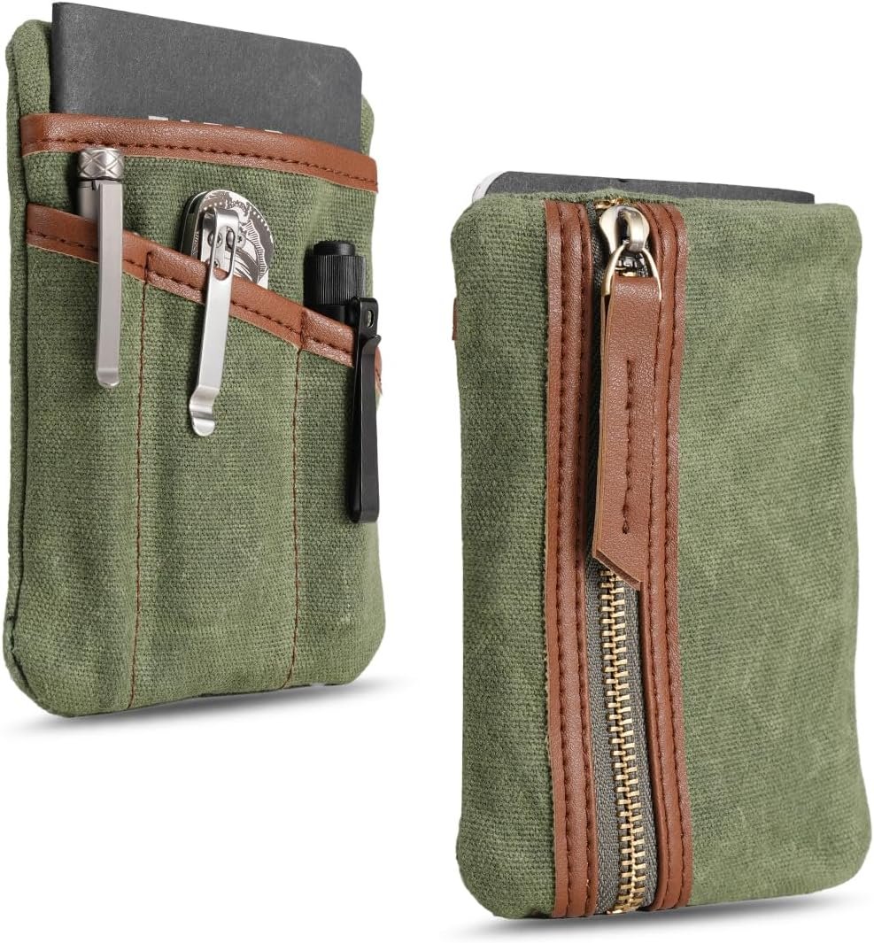 Custom Logo Waxed Canvas Compact EDC Pocket Organizer Private Label Zippered Pocket Pouch for Men Mini Organizer for Change Notebook Tactical Pen Flashlight Manufacturer