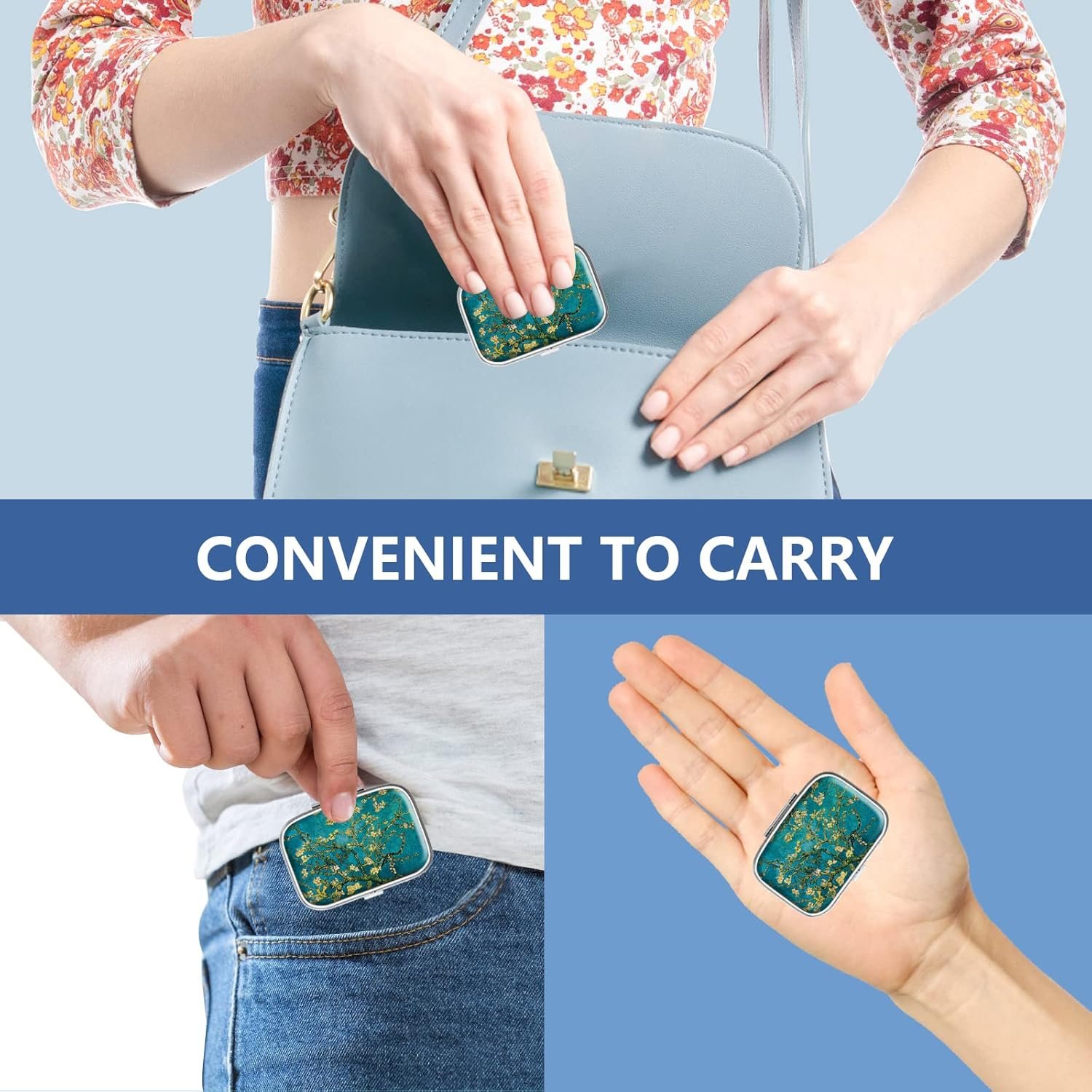 Private Label 2 Compartment Small Pill Box Custom Logo Portable for Pocket Purse Pill Organizer Factory Container for Vitamins Medication Fish Oil Supplements 2PCS