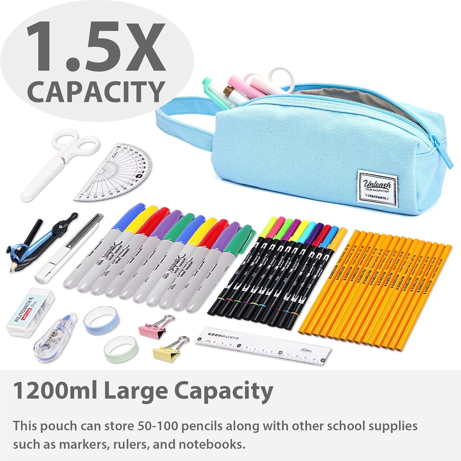 Private Label Large Capacity 1200ml Pencil Case Pouch Bag School Supplies for Girls Boys Kids Aesthetic Canvas Pen Organizer Sky Blue Simple Preppy Style Manufacturer Custom Logo