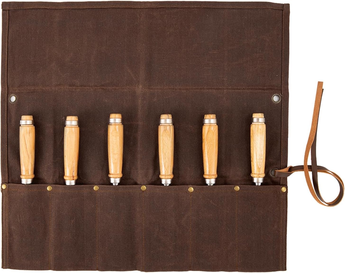 Private Label 6-Pocket Waxed Canvas Chisel Roll Manufacturer Roll-Up Tool Pouch Organizer for Wrenches Pliers Carving Knives Custom Logo