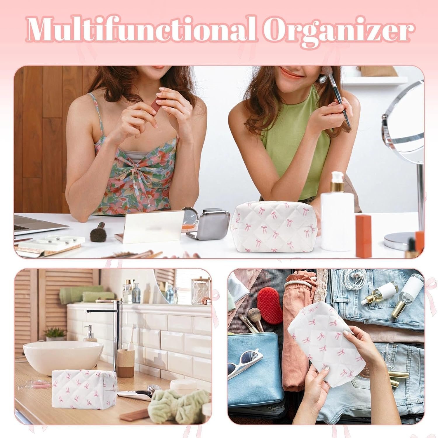 Custom Logo Quilted Makeup Bag, Private Label Pink Bow Cotton Cosmetic Bag, Factory Coquette Makeup Pouch for Women Girls Aesthetic Organizer Travel Toiletry Bags