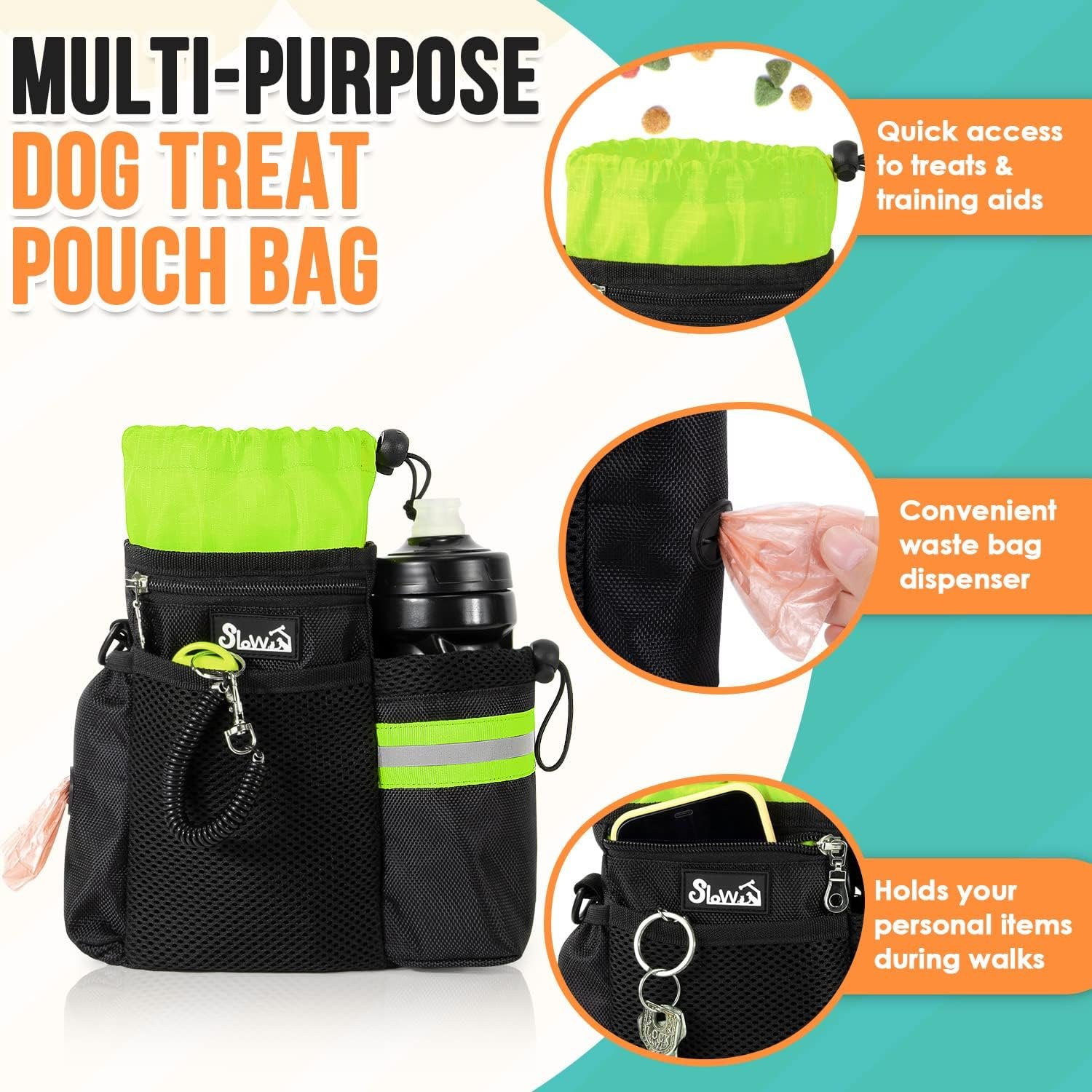 Dog Treat Pouch Manufacturer - 4 Ways to Wear Private Label Treat Bag with 2-in-1 Whistle Clicker Adjustable Waist Belt Metal Clip Water Bottle Holder Built-in Poop Bag Dispenser for Pet Training Custom Logo (Green)