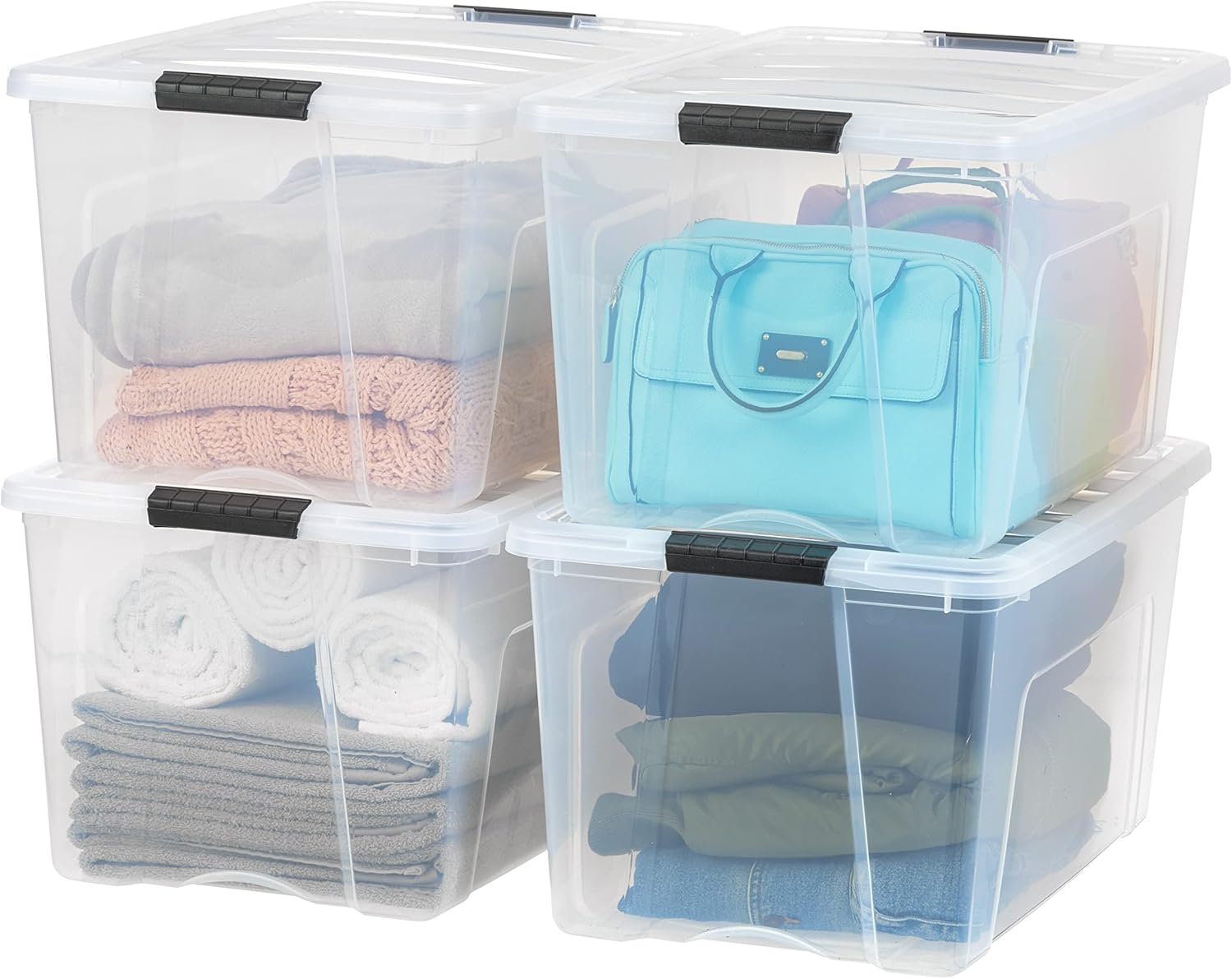 Custom Logo 72 QT Plastic Storage Box with Lid and Latches 4 Pack - Private Label BPA-Free See-Through Durable Nestable Stackable Containers Secure Pull Handle - Clear from Factory