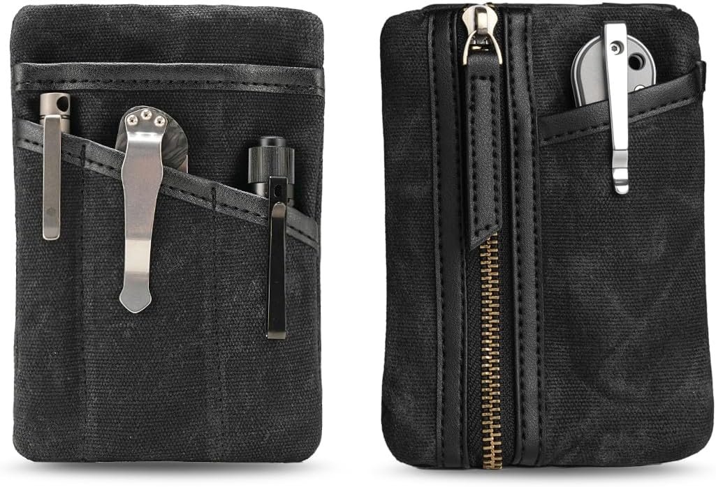 Private Label Waxed Canvas EDC Pouch Compact Pocket Organizer for Men, Custom Logo Zippered Mini Multitool Everyday Carry Pouch Oil Wax Black from Manufacturer