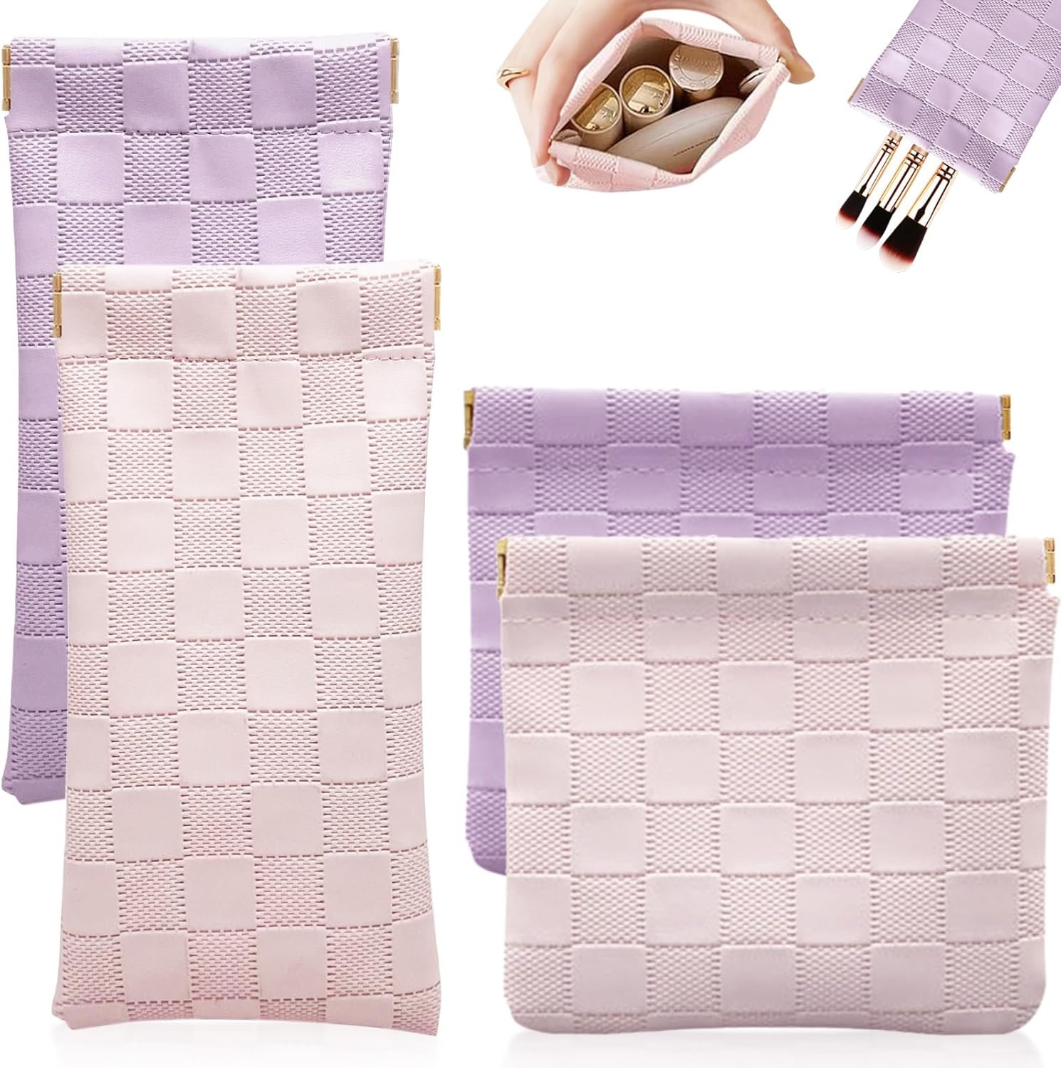 Private Label 4Pcs Small Checkered Leather Makeup Bags for Purse, Custom Logo Mini Purse Pouches and Coin Purse Organizers Manufacturer, Portable No Zipper Cosmetic Bags for Women (Pink, Purple)