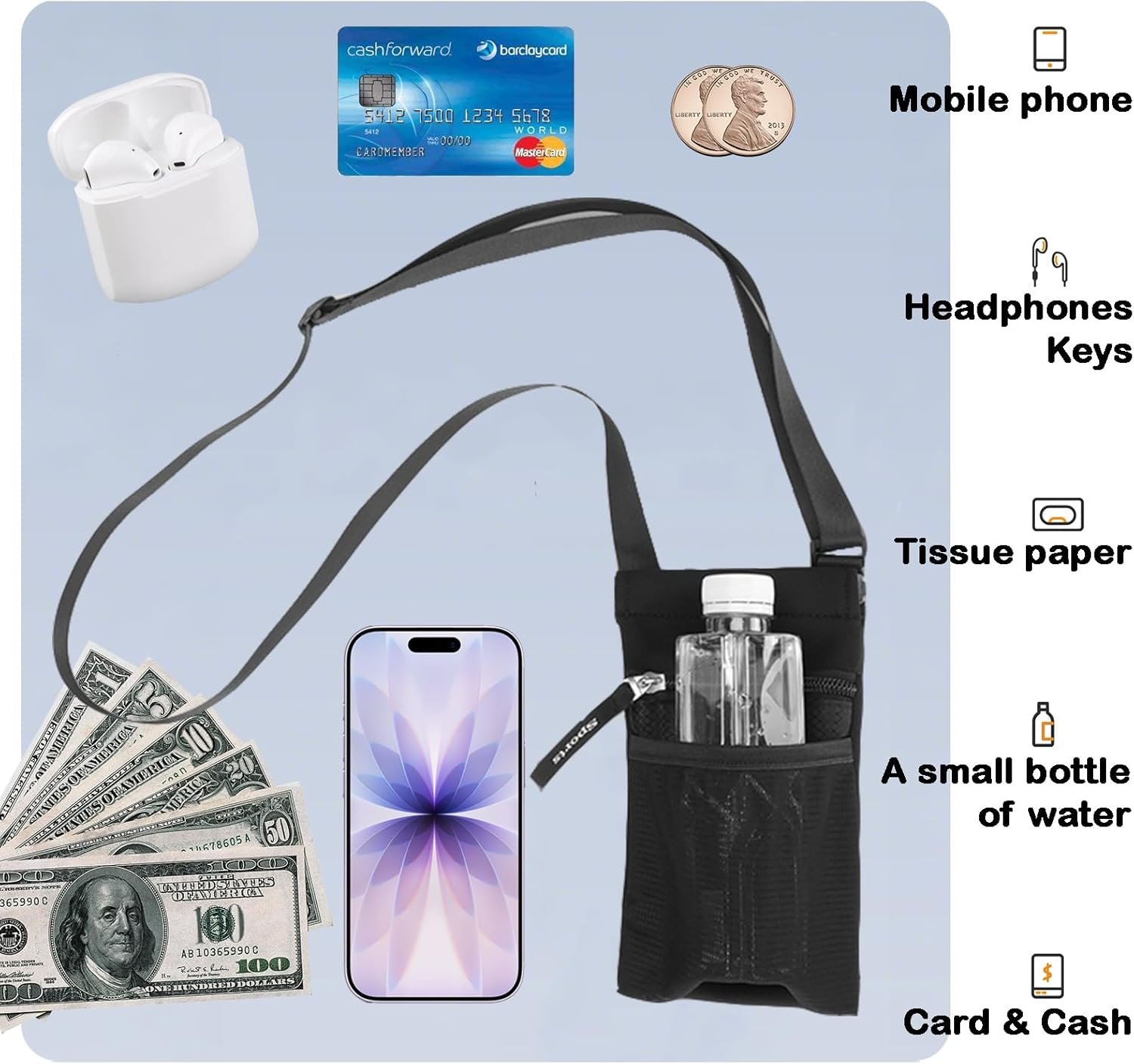 Private Label Crossbody Phone Purse with Water Bottle Holder Multi-Function Cell Phone Pouch Zipper Mesh Pockets Custom Logo Phone Holder for iPhone 17/16/15/14/13 Pro Max Plus Samsung Galaxy Black Manufacturer