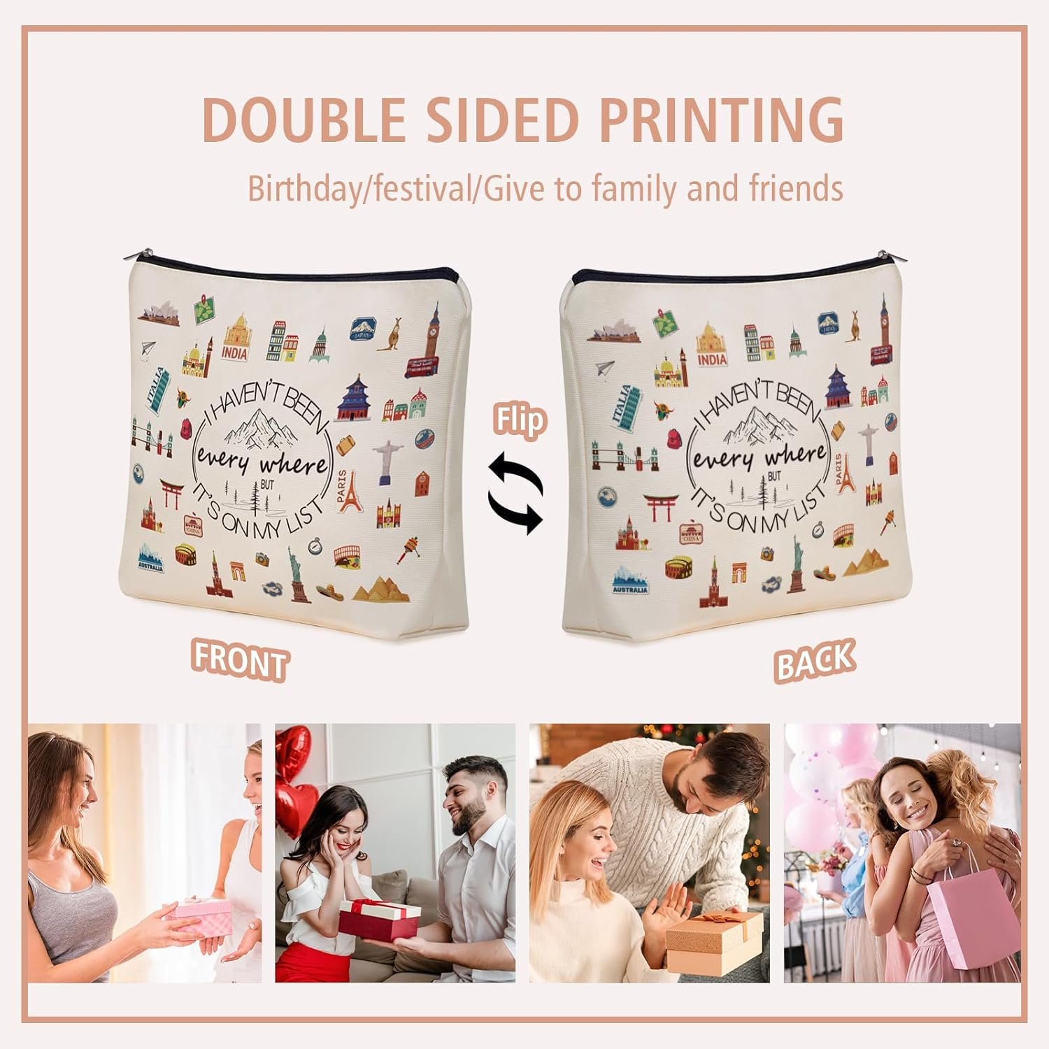 Private Label Cute Makeup Bag for Women Travelers I Haven't Been Everywhere But It's On My List Custom Logo Cosmetic Pouch Supplier Direct Travel Gift