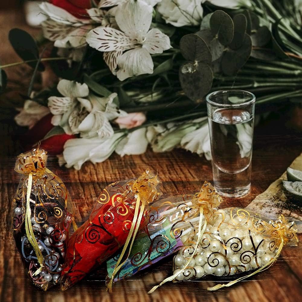 Custom Logo Gold Sheer Organza Gift Bags 100Pcs 4x6 Inch Private Label Mesh Drawstring Favor Bags Rattan Printed Pouches for Wedding Party Bridal Shower Christmas Candy Jewelry Manufacturer