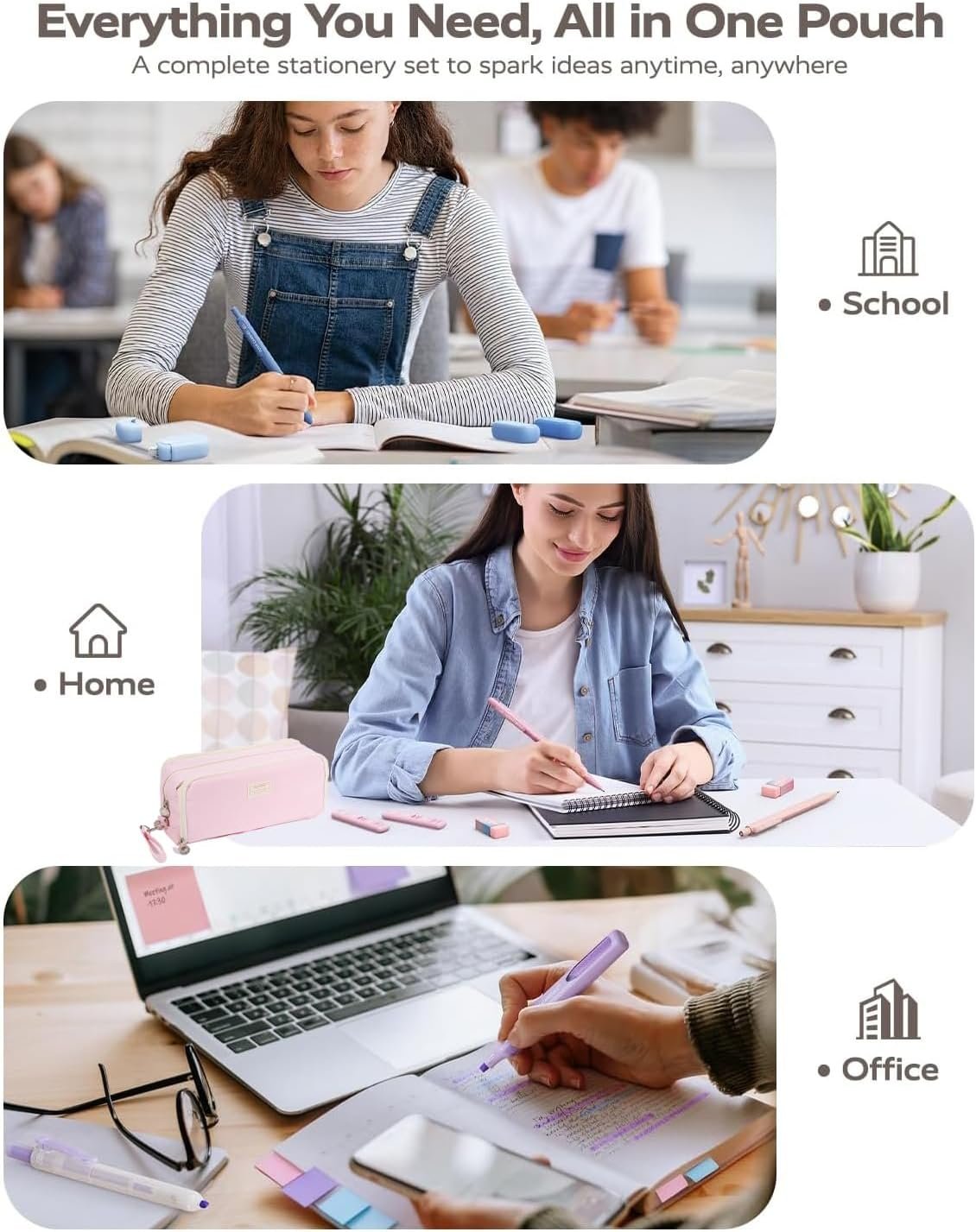 Private Label Large 3 Compartment Pink Pencil Case with Removable Handle and Zipper Custom Logo Big Stationery Organizer Pencil Pouch for Markers Office College Manufacturer