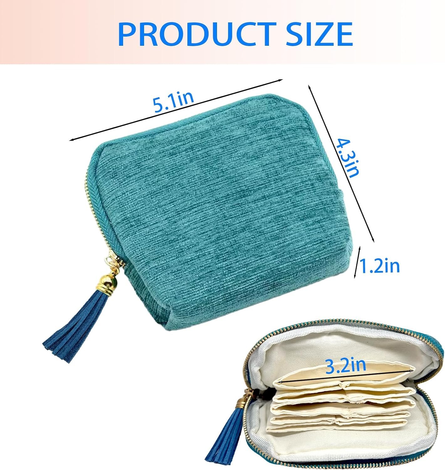 Private Label Travel Jewelry Case Small Organizer Storage Bag with Zipper & Tassel Custom Logo 5 Pockets for Necklaces Bracelets Earrings Rings (3.5 x 3.3 Inch Inner Bag Lake Blue) Factory