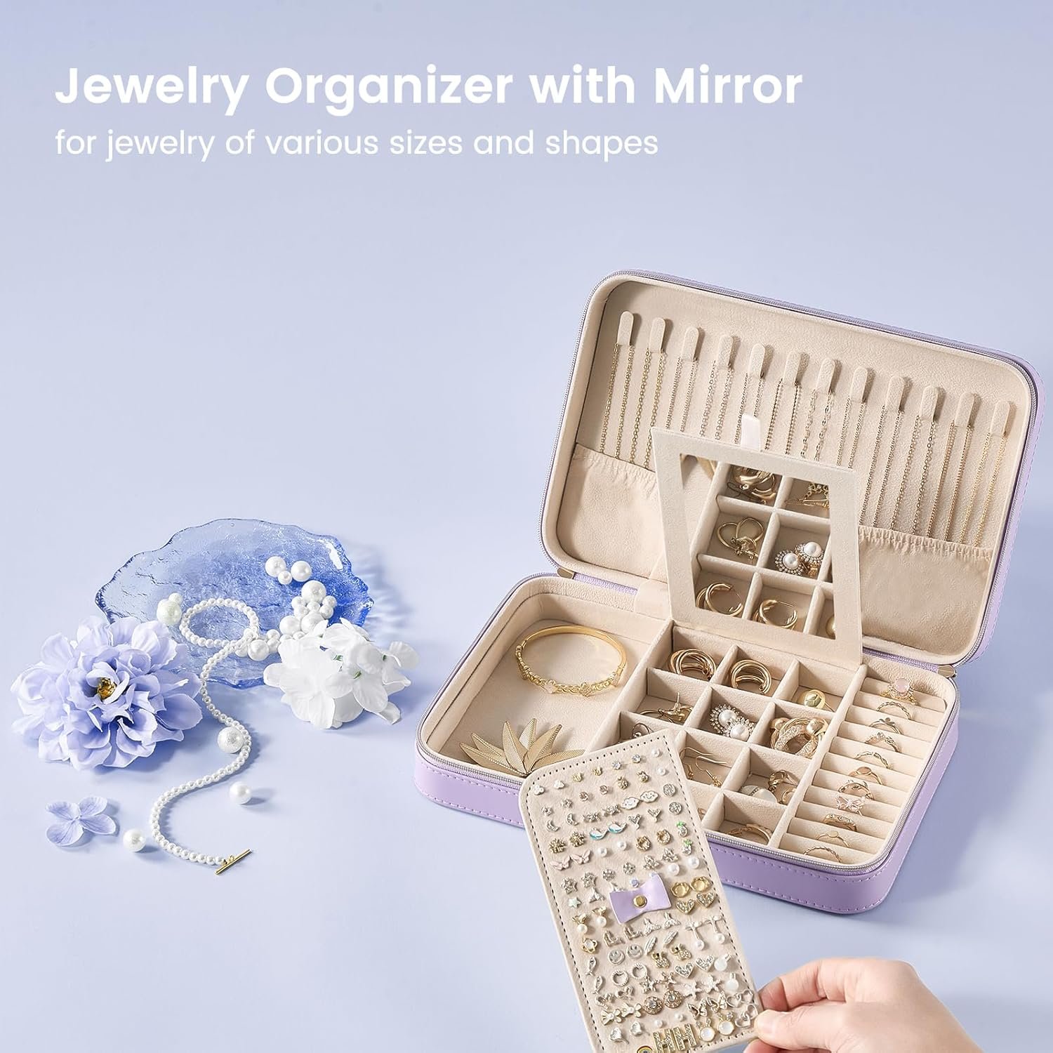 Custom Logo Travel Jewelry Organizer Case with Mirror & Clear Storage Bag for Women Girls, Private Label Portable Earring Necklace Bracelet Ring Box, Large Purple Manufacturer