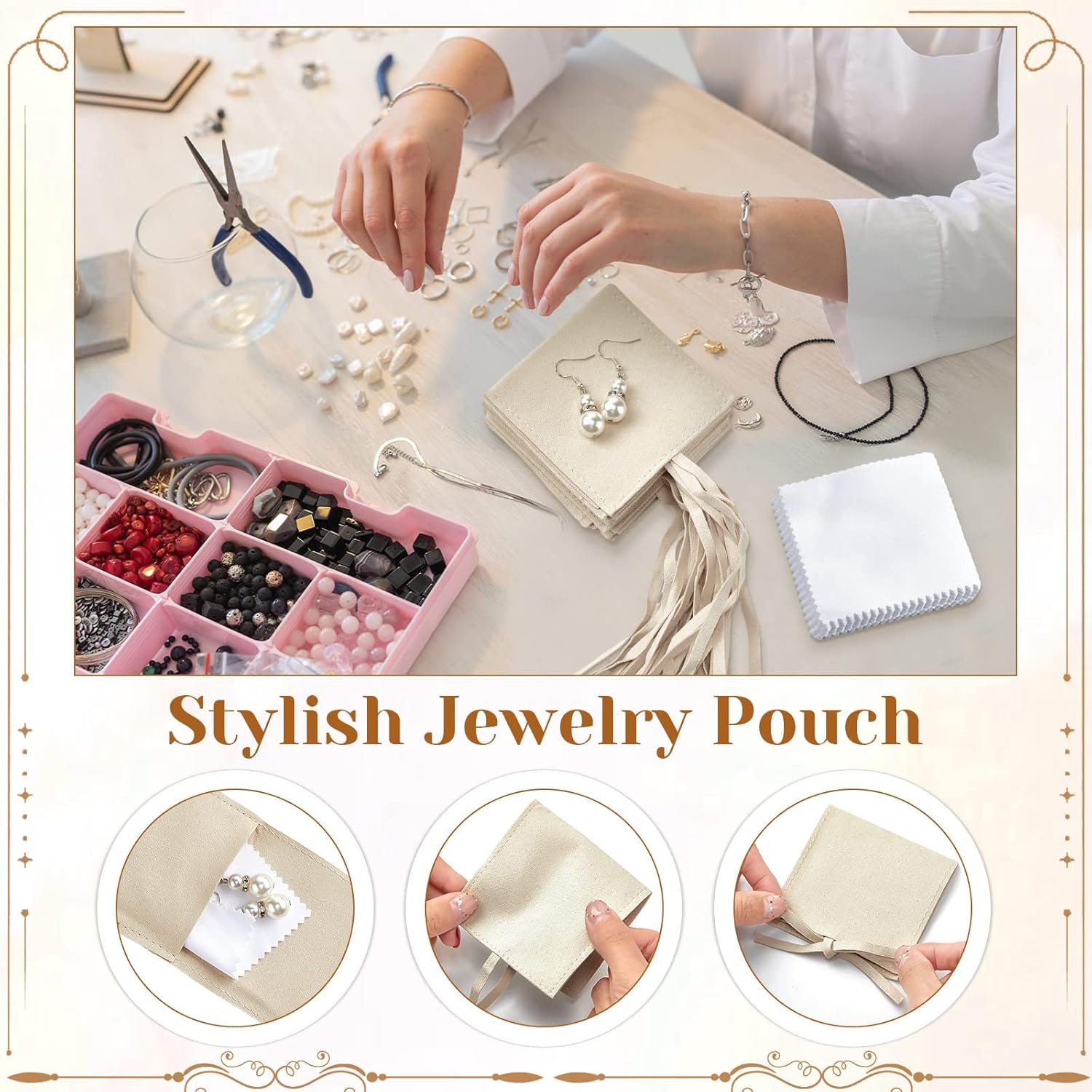 Private Label 30 Pcs 8 x 8 cm Microfiber Jewelry Pouches Custom Logo Luxury Packaging with Cleaning Cloth for Bracelets Bow Ties Envelope Style String Divider Supplier Khaki White