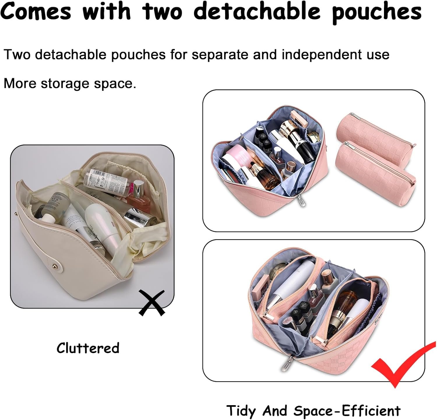 Custom Logo Travel Makeup Bag Organizer 3 Pcs Set - Private Label Waterproof Vegan Leather Cosmetic Toiletry Bags for Women with Handle Compartments Factory (01-D-Pink)