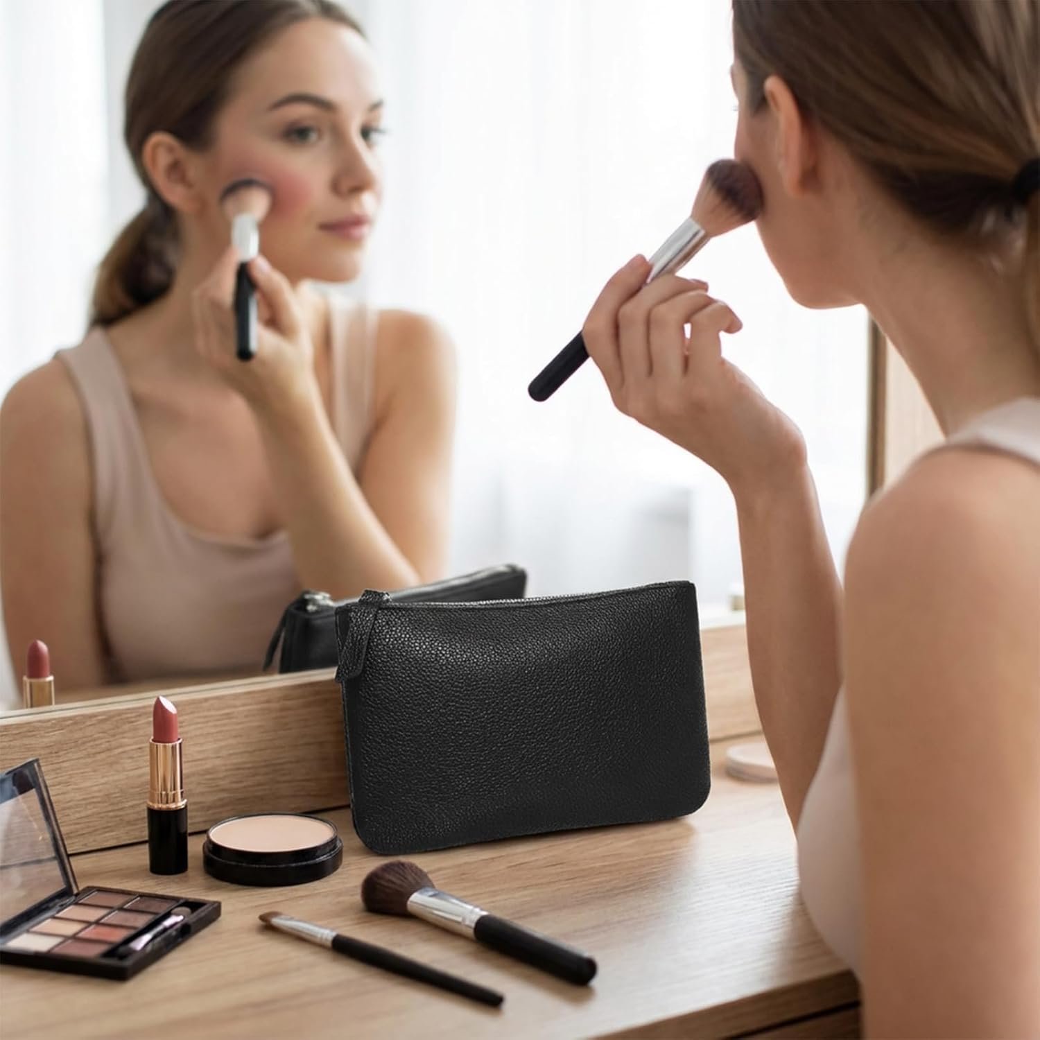 Private Label 2 Pack Black Faux Leather Cosmetic Bags with Custom Logo Soft PU Leather Makeup Pouch Portable Zipper Travel Organizer for Women Purse Cosmetics Supplier