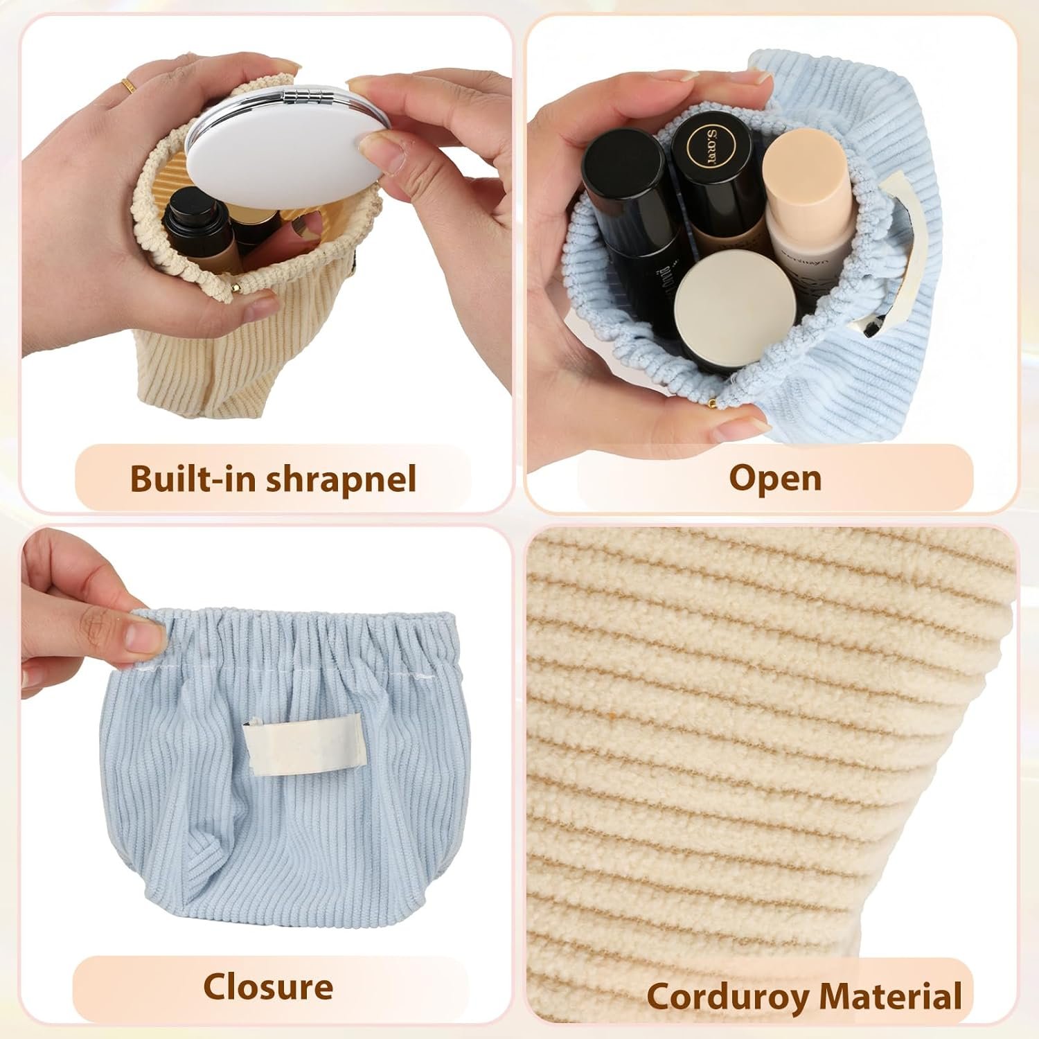 Custom Logo 7-IN-1 Corduroy Makeup Bag Set (6 Bags + 1 Mirror) Squeeze-to-Open Private Label Mini Pouch for Purse No-Zipper Cosmetic Bag for Hair Ties Lipsticks Aesthetic Travel Organizer for Women Manufacturer