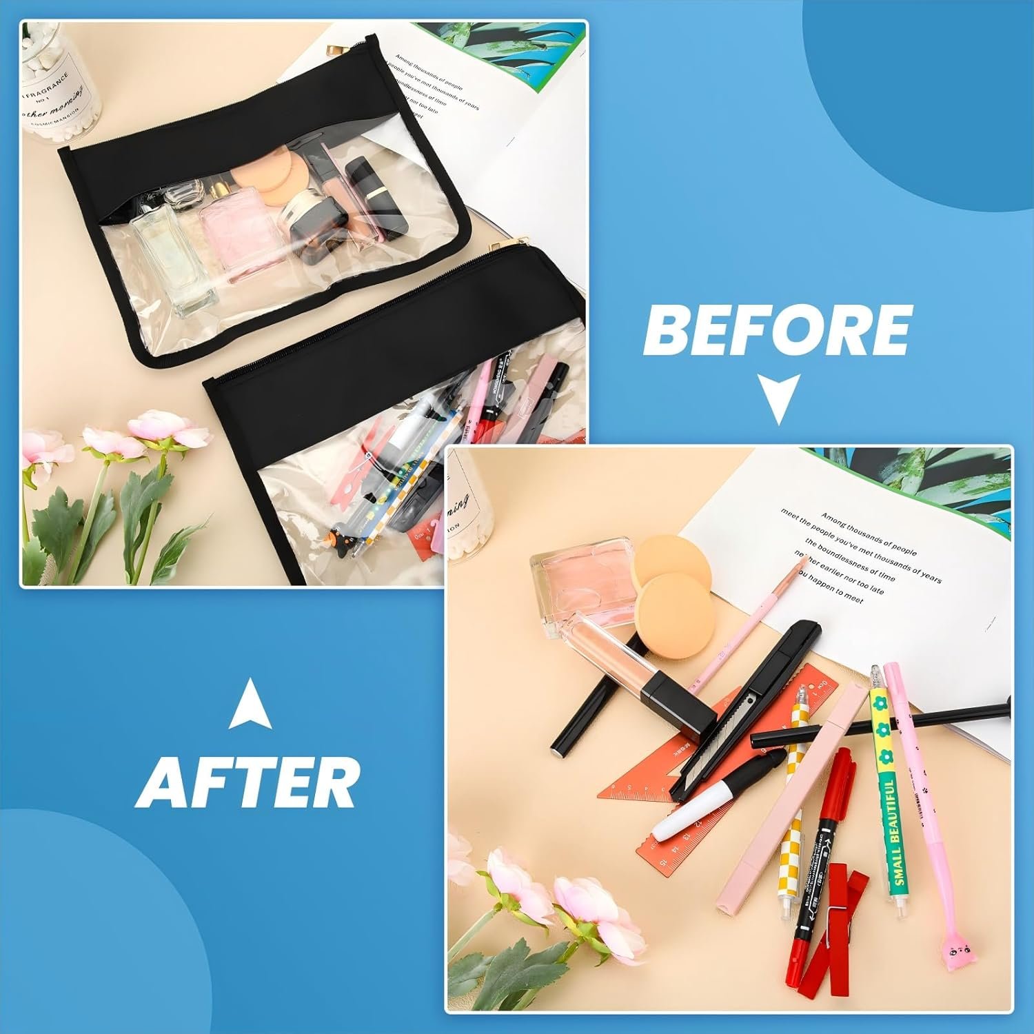 Private Label 8 Pieces Clear Zipper Makeup Pouches DIY Chenille Letter PVC Oxford Cloth Travel Portable Waterproof Cosmetic Toiletry Snack Organizer with Custom Logo Black Manufacturer