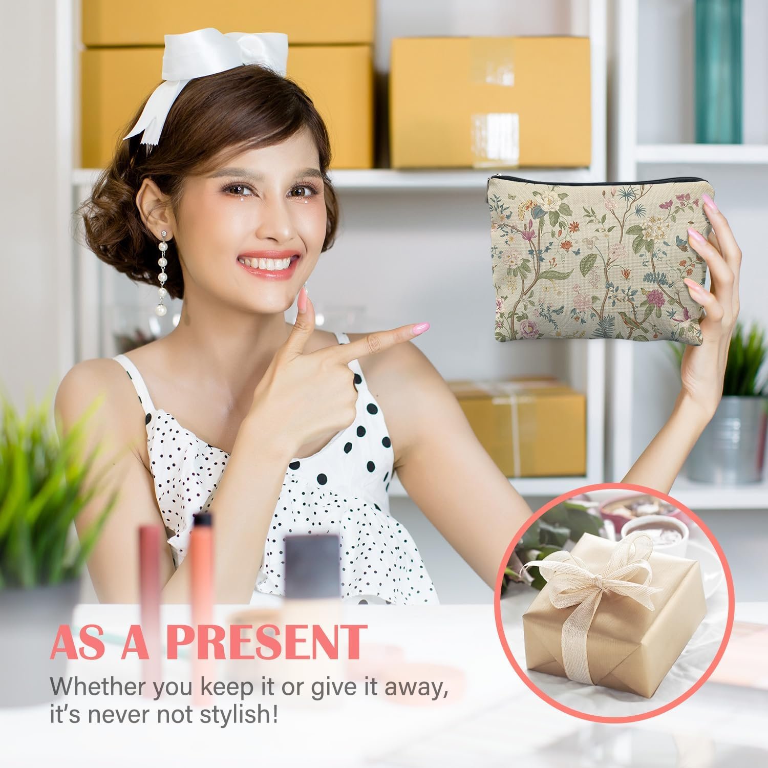 Custom Logo Vintage Floral Bird Makeup Bag for Women Private Label Oriental Chinoiserie Pastel Wildflower Cosmetic Zipper Pouch Manufacturer