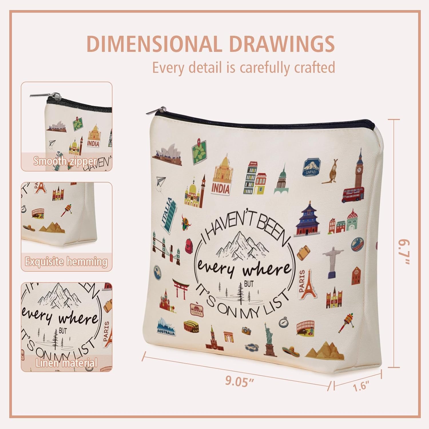 Private Label Cute Makeup Bag for Women Travelers I Haven't Been Everywhere But It's On My List Custom Logo Cosmetic Pouch Supplier Direct Travel Gift