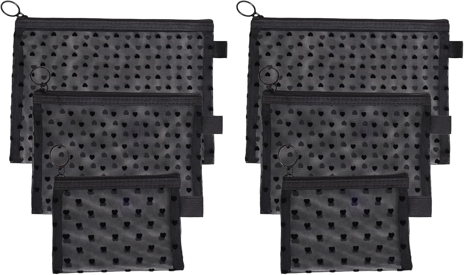 Custom Logo 6-Piece Heart Printed Mesh Makeup Bag Set - Private Label Small Pouches for Purse - Black Makeup Bag Manufacturer