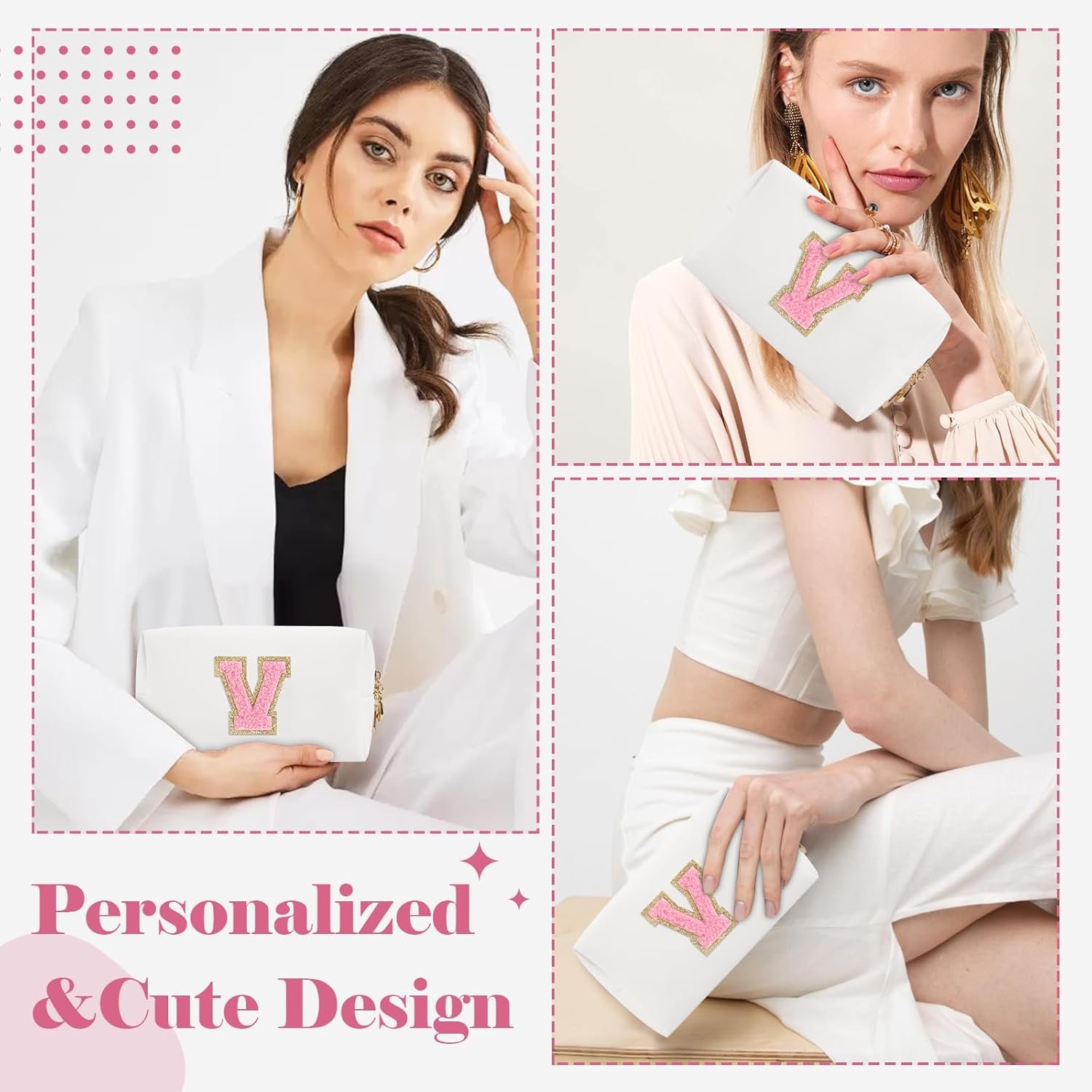 Private Label Personalized Initial A-Z Letter V Preppy Patch Makeup Bag with Custom Logo Small PU Leather Zipper Travel Cosmetic Pouch White Toiletry Manufacturer