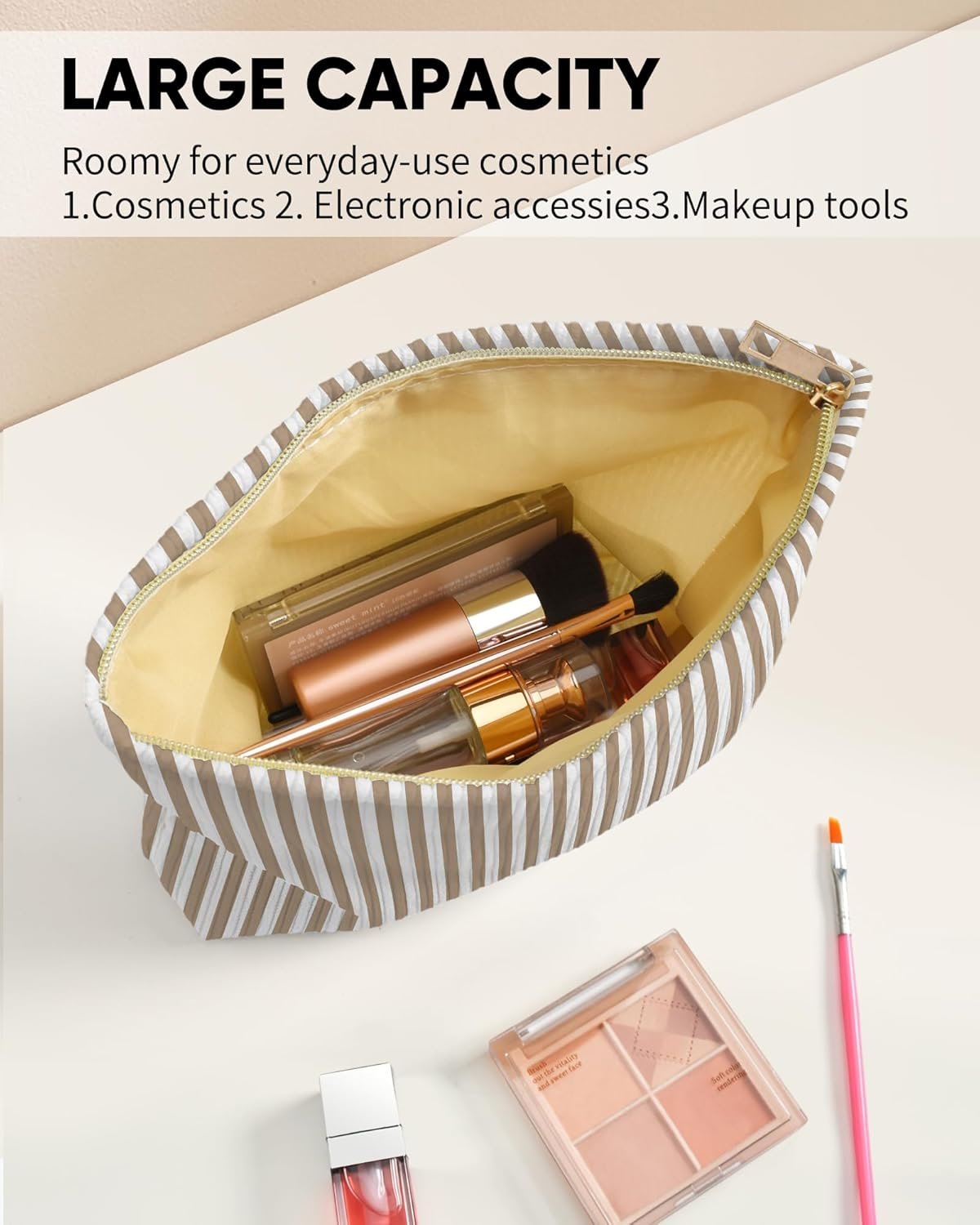 Private Label Cute Brown Beige Vertical Striped Small Makeup Pouch Manufacturer for Women Zipper Cosmetic Travel Toiletry Custom Logo