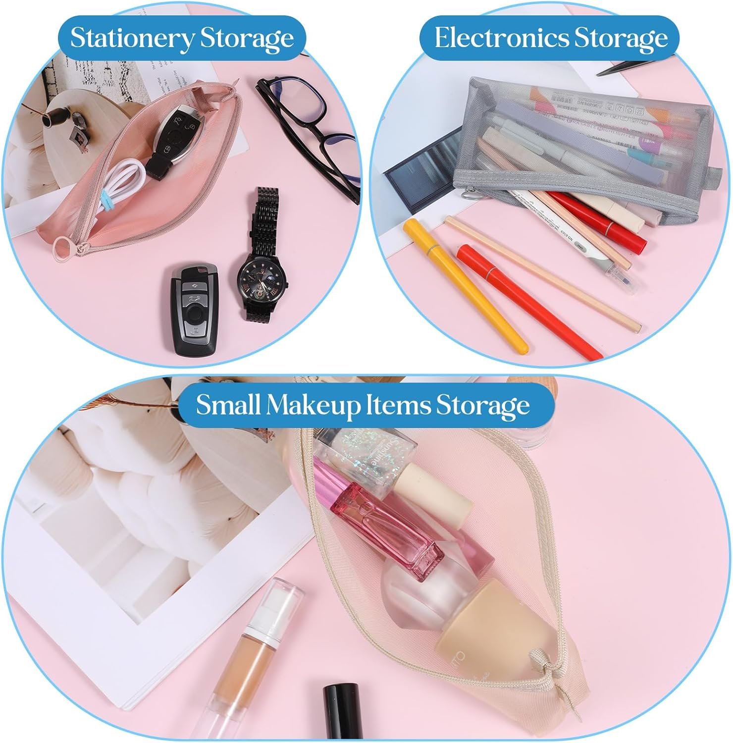 Private Label 4 Pcs Small Nylon Mesh Zipper Makeup Brush Bags Factory Direct Portable Clear Mesh Cosmetic Pouches Custom Logo for Home Office Travel Organizer