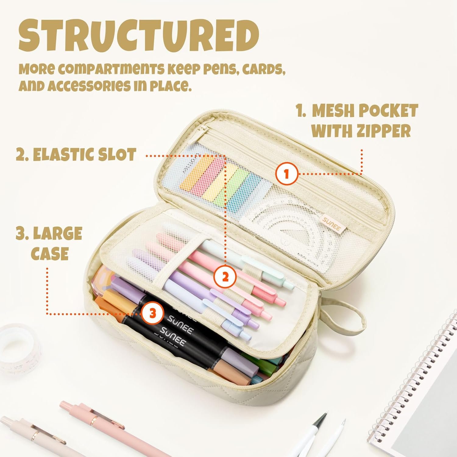 Custom Logo Cute Pencil Case Large Capacity Pencil Pouch Aesthetic Zipper Pencil Bag Private Label Big Storage Pen Organizer Soft Quilted Pencil Box Back to School Supplies for Teen Girls Boys Cream Manufacturer