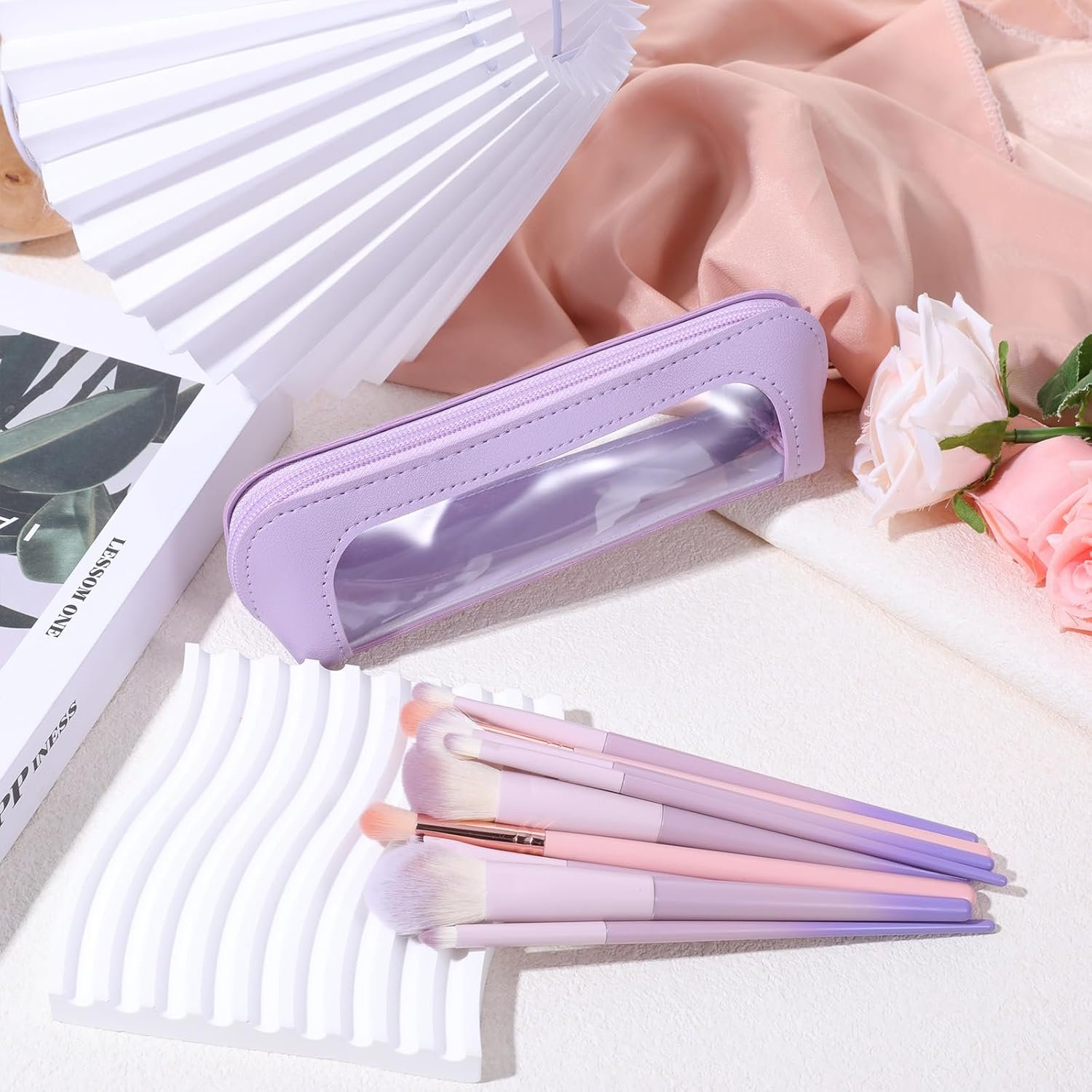 Private Label Clear PU Leather Small Makeup Brush Pouch Manufacturer Portable Travel Mini Cosmetic Organizer Transparent Waterproof with Zipper Custom Logo for Women Home Office Purple