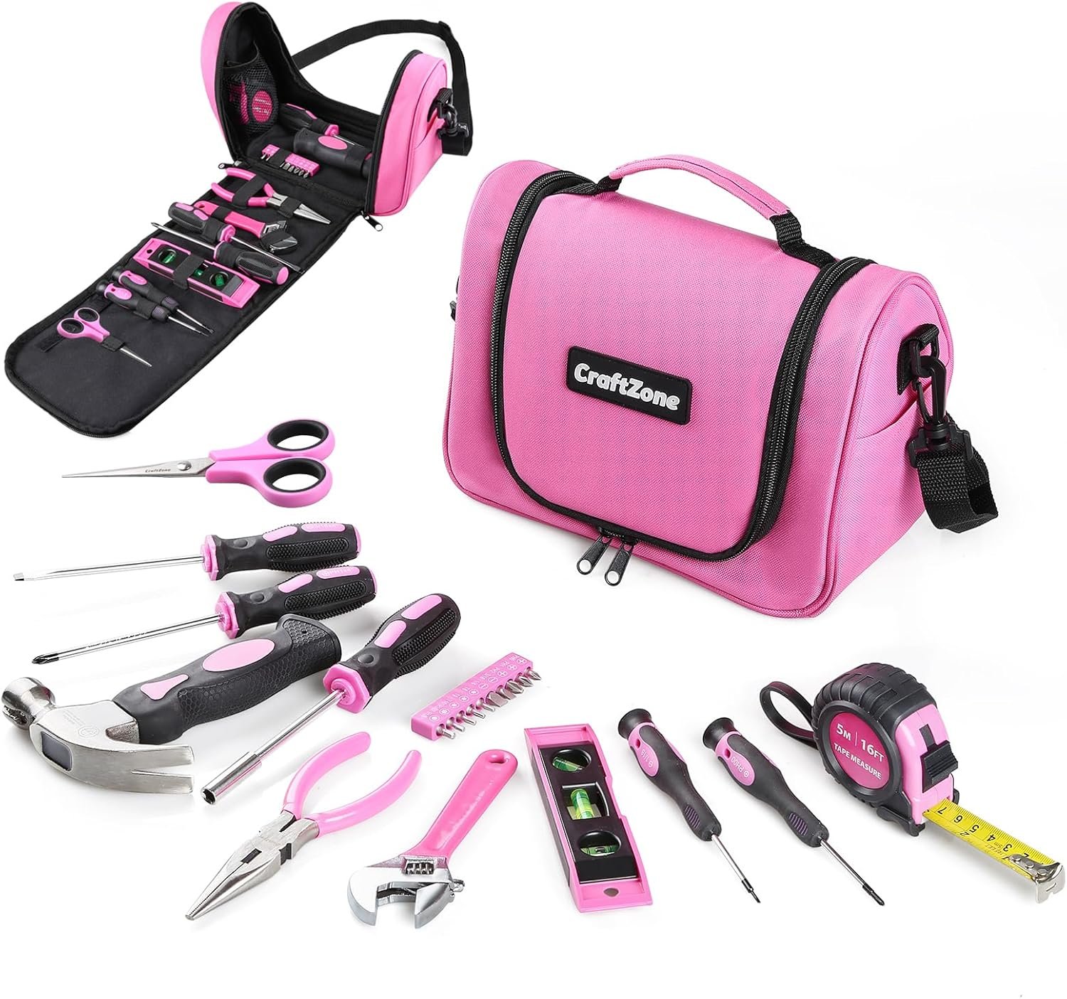 Custom Logo Pink 21Pcs Women's Tool Set in Shoulder Strap Tool Bag with Zipper Pouch, Basic Portable Kit for Home Dorm Office DIY Desk Apartment, Private Label Manufacturer