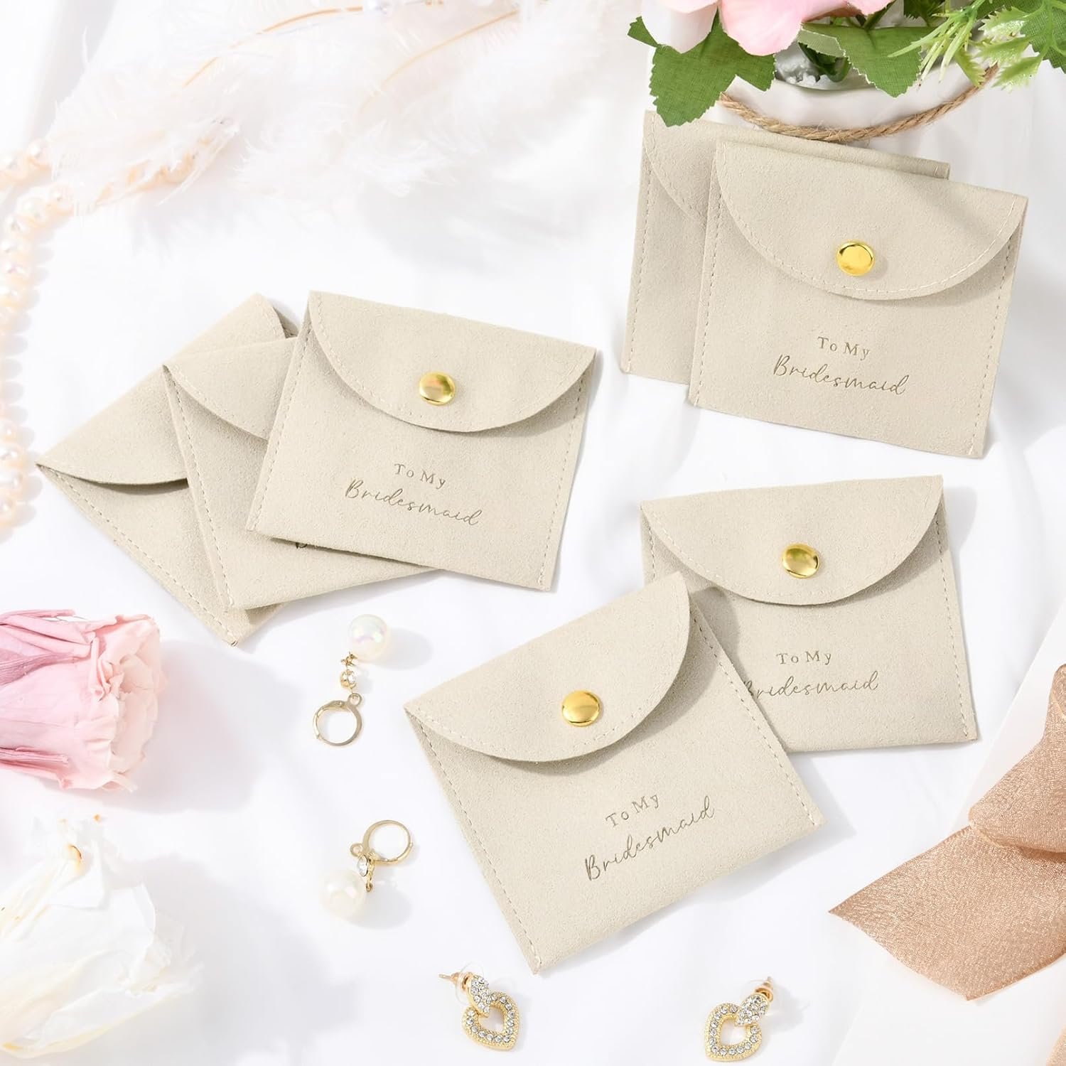 Custom Logo Set of 8 Small Velvet Jewelry Bags with Button Private Label Bridesmaid Proposal Gifts for Bracelet Earring Necklace Packaging Bridal Party Favors Factory Beige