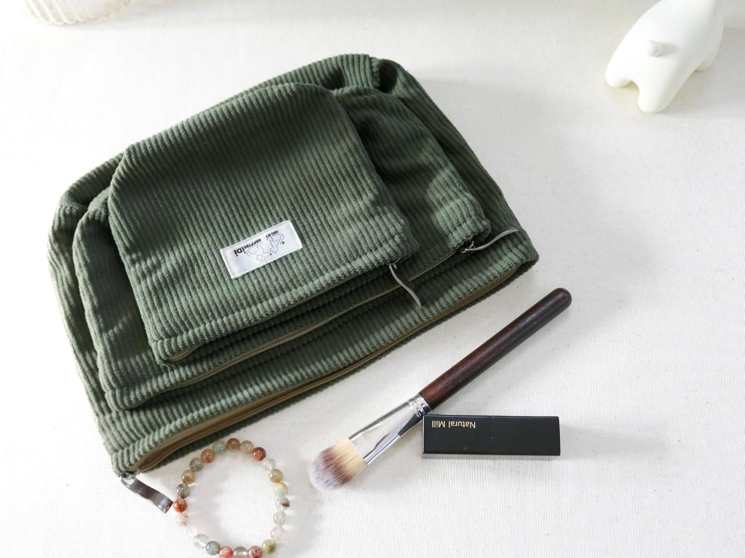 Custom Logo Corduroy Makeup Bag Set 3 Private Label Cosmetic Toiletry Travel Pouch Organizer Large Medium Small Solid Sage Green Manufacturer