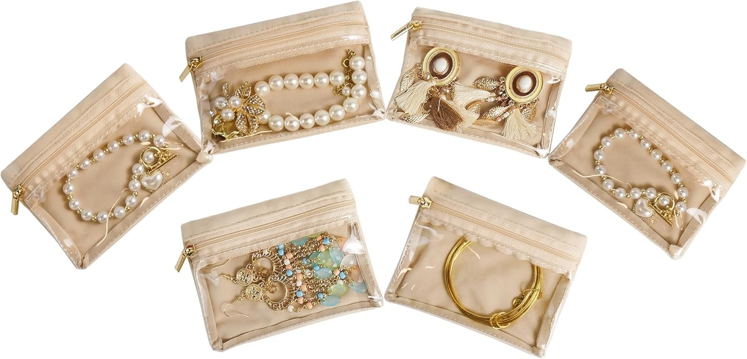 Private Label 6 Pcs Travel Jewelry Organizer Velvet Mini Pouch with Clear Zipper Pocket Custom Logo Lightweight Storage for Rings Earrings Necklaces Traveling Gift for Women Girls Beige Manufacturer