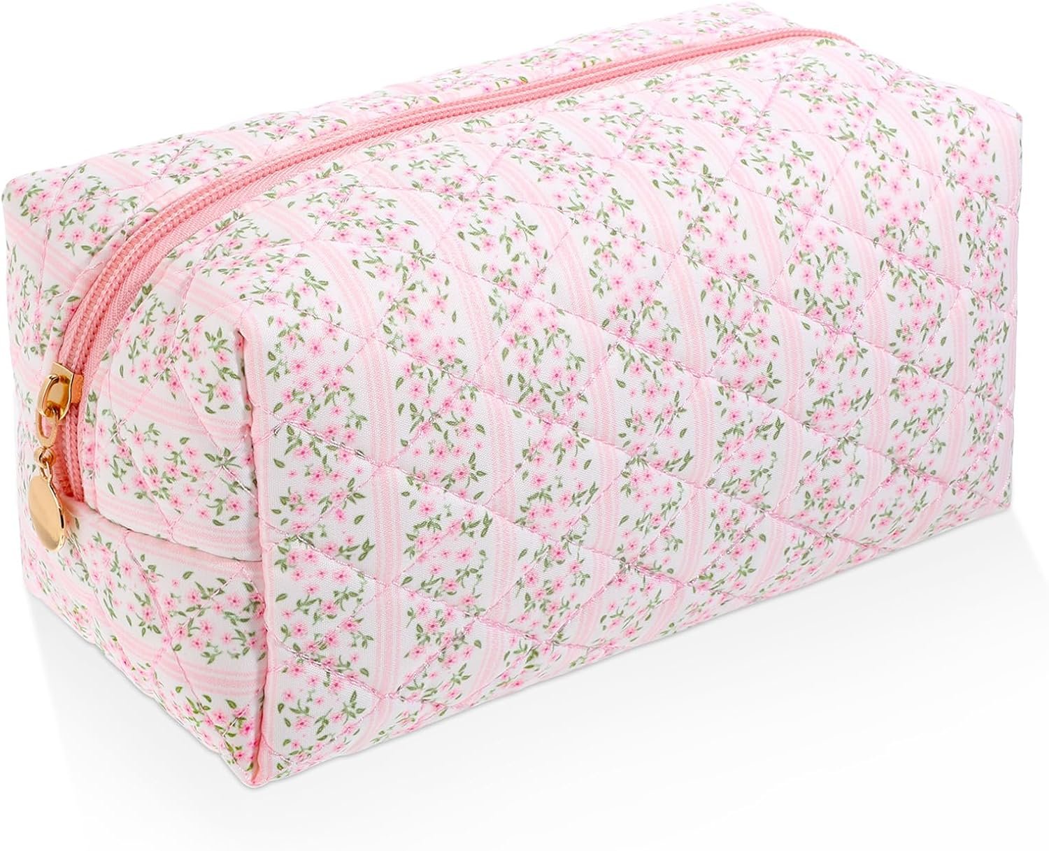Custom Logo Floral Quilted Makeup Bag Travel Cosmetic Organizer Pink Flowers Zipper Toiletry Pouch Private Label Portable Cloth Storage Pen Case for Women Girls Manufacturer