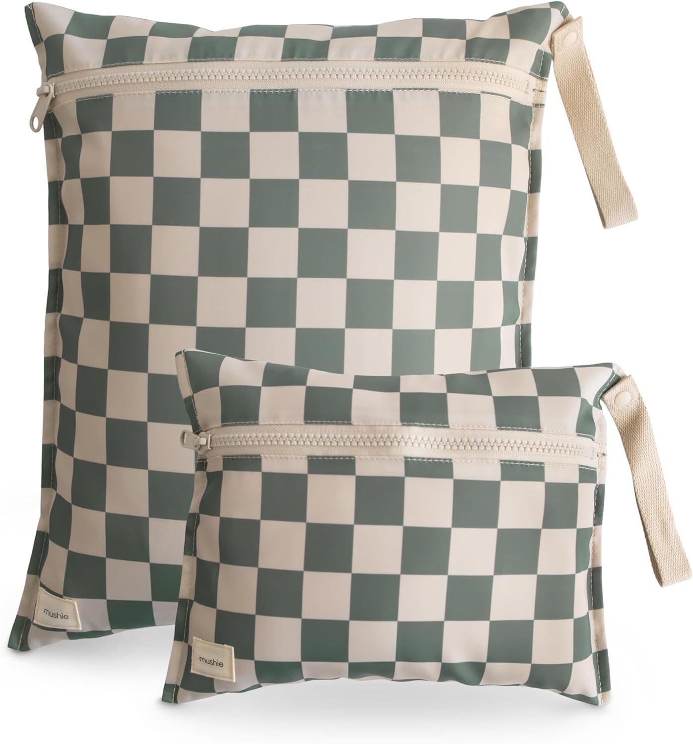 Private Label Water Resistant Wet Bags | Large & Small Reusable Storage Bag for Baby Items and Travel | Custom Logo Zippered Pockets with Handle | Machine Washable Set of 2 from Manufacturer (Olive Check)