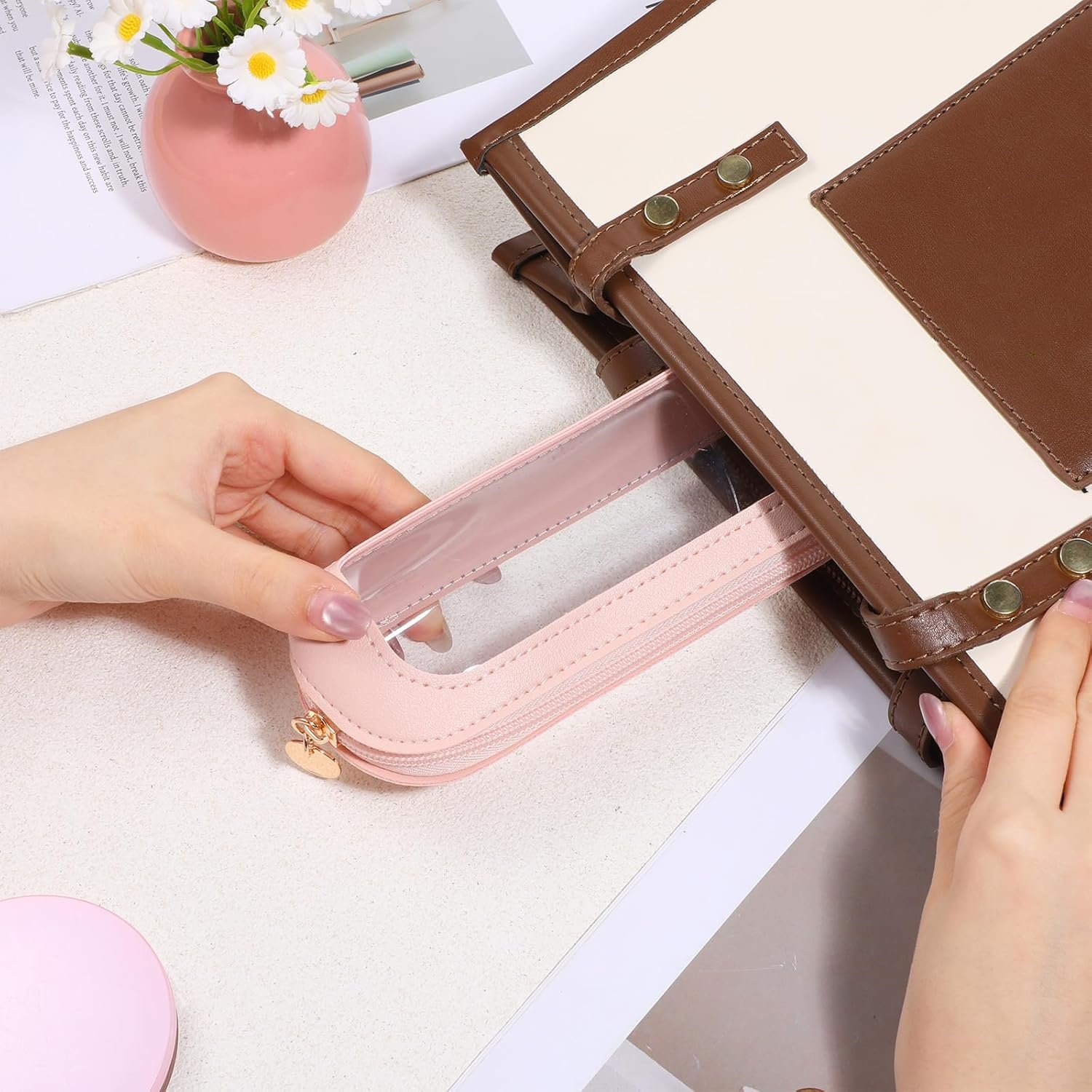 Manufacturer Small Clear PU Leather Makeup Brush Bag, Custom Logo Portable Zipper Pouch, Private Label Multi-use Cosmetic Organizer for Women (Pink)